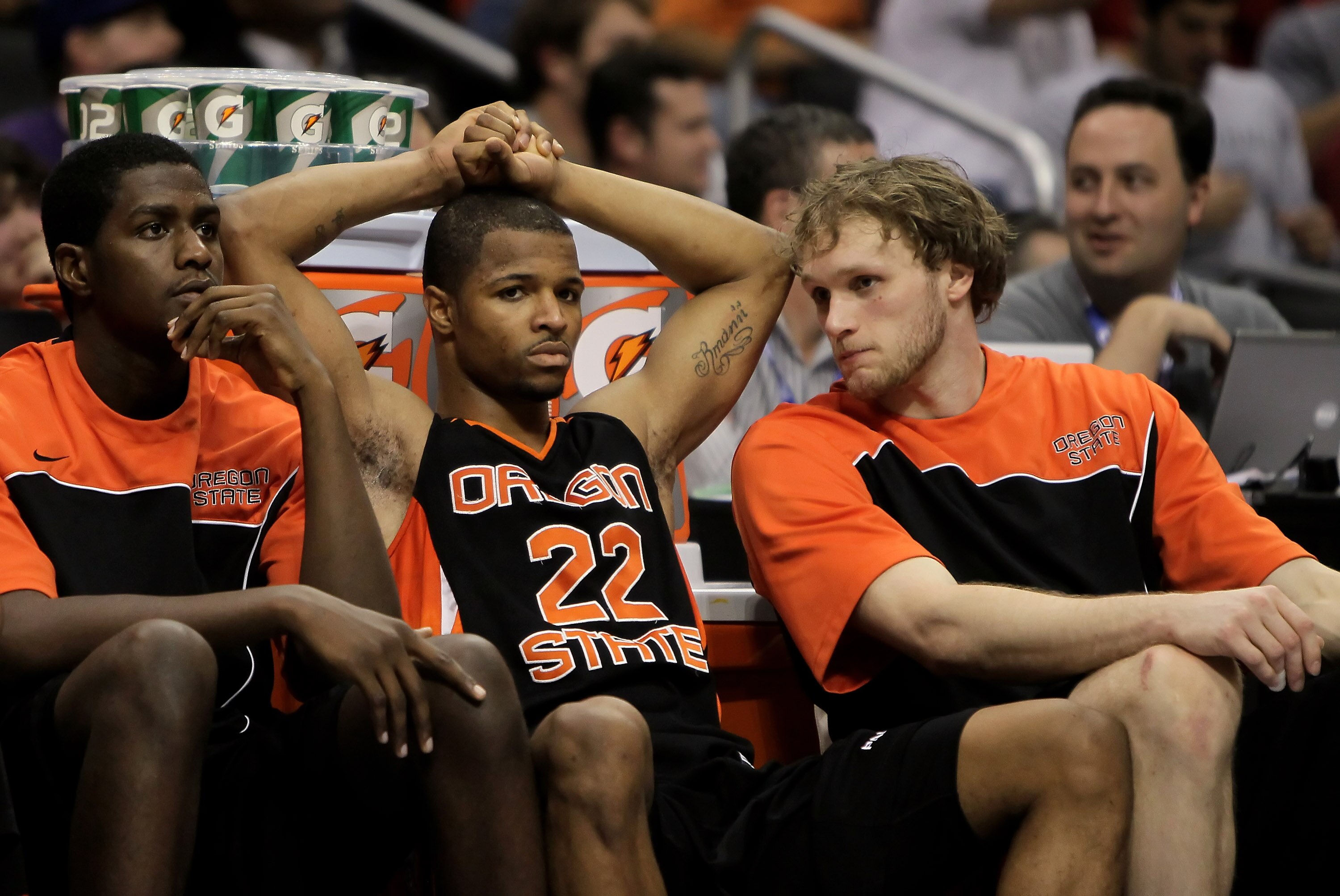 LOS ANGELES, CA - MARCH 11:  Calvin Haynes (center) #22 of the Oregon State Beavers is dejected against the Washington Huskies during the Quarterfinals of the Pac-10 Basketball Tournament at Staples Center on March 11, 2010 in Los Angeles, California. Was