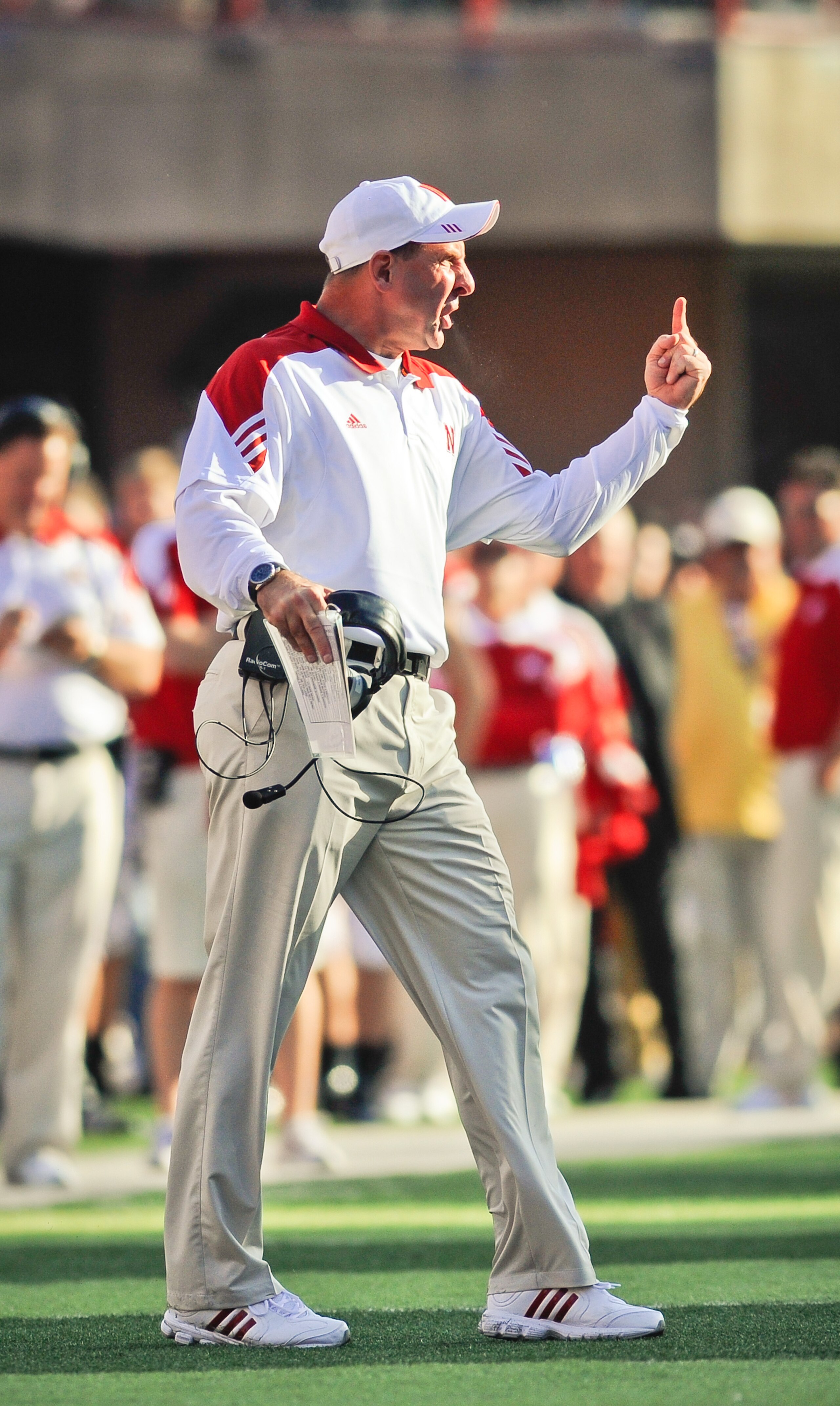 LINCOLN, NE - OCTOBER 16: Coach Bo Pelini of the Nebraska Cornhuskers expresses his frustration with officials during their game against the Texas Longhorns at Memorial Stadium on October 16, 2010 in Lincoln, Nebraska. Texas Defeated Nebraska 20-13. (Phot