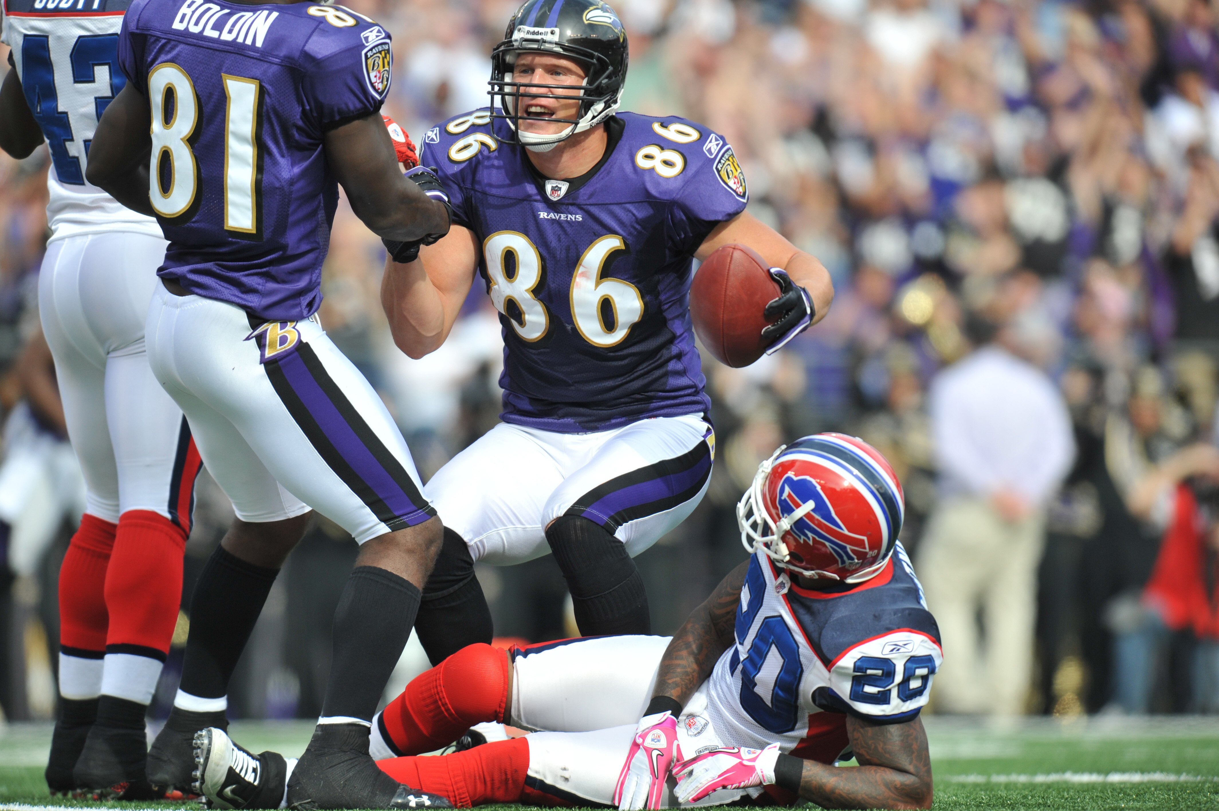 BALTIMORE, MD - OCTOBER 24:  Todd Heap #86 of the Baltimore Ravens scores a touchdown against the Buffalo Bills at M&T Bank Stadium on October 24, 2010 in Baltimore, Maryland. The Ravens defeated the Bills 37-34. (Photo by Larry French/Getty Images)