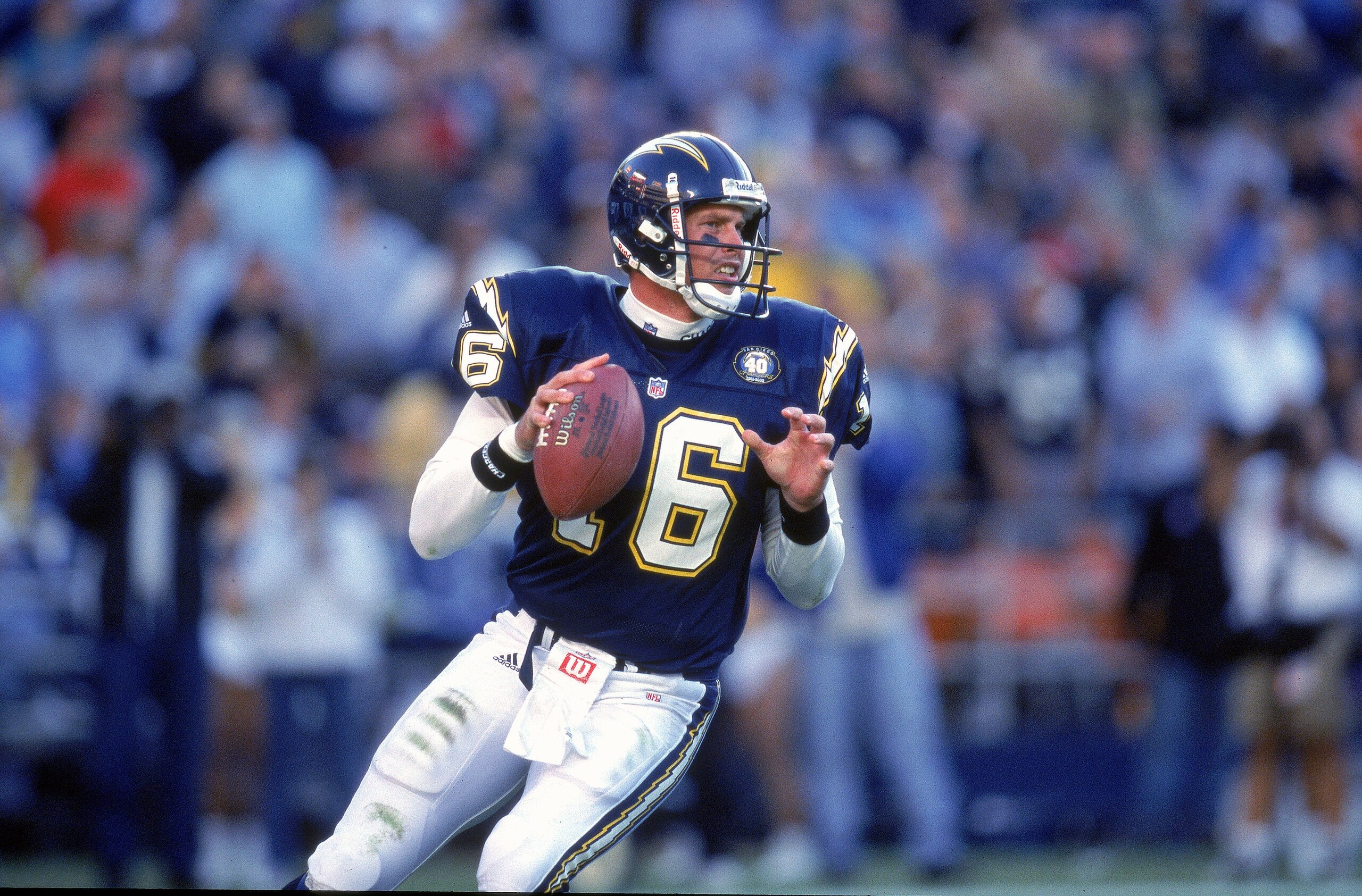 12 Nov 2000:  Quarterback Ryan Leaf #16 of the San Diego Chargers looks to pass the ball during the game against the Miami Dolphins at Qualcomm Stadium in San Diego, California. The Dolphins defeated the Chargers 17-7.Mandatory Credit: Stephen Dunn  /Alls
