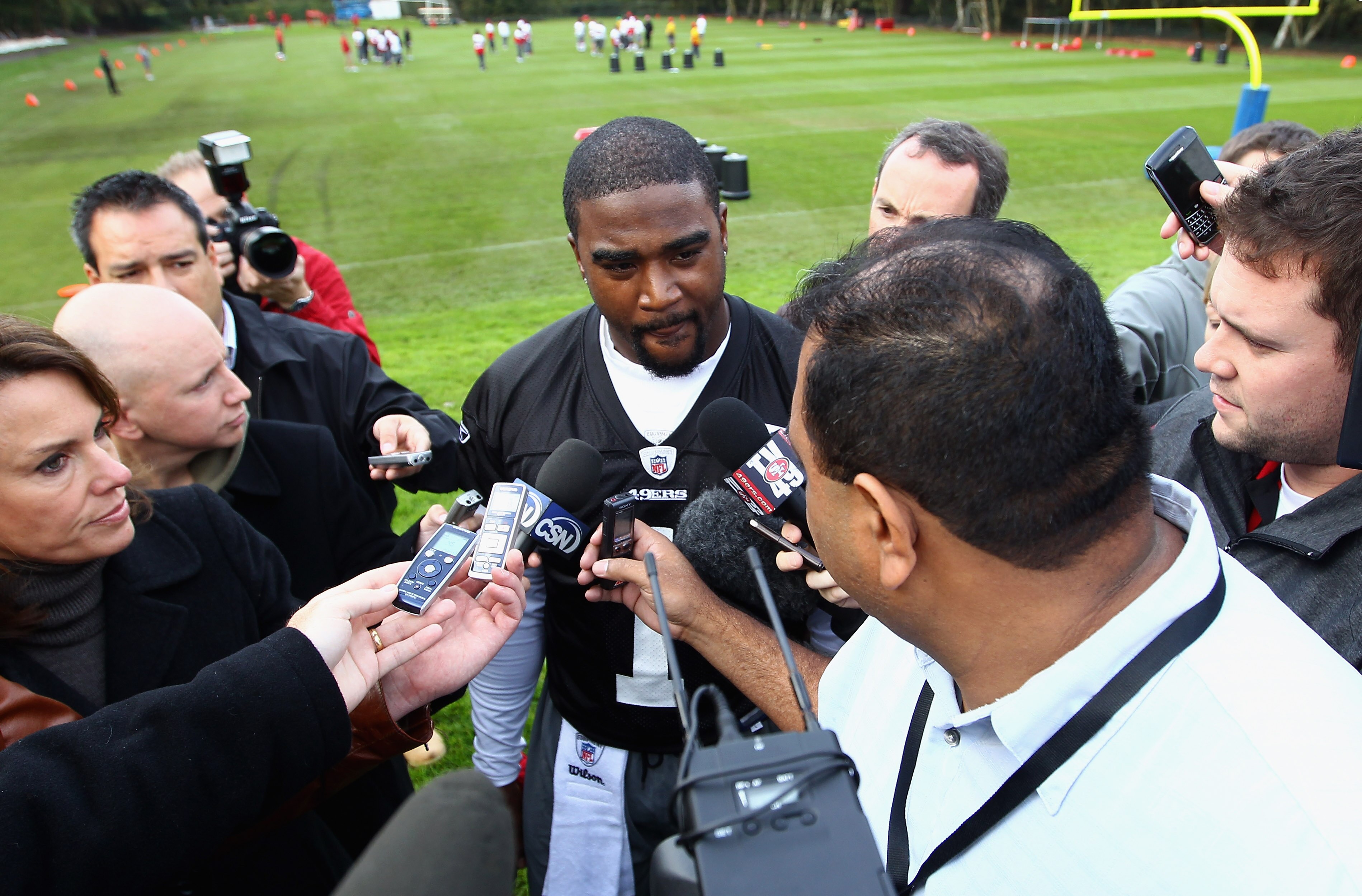 HERTFORD, ENGLAND - OCTOBER 27:  Troy Smith of San Francisco 49ers talks to the media outside The Grove Hotel on October 27, 2010 in Hertford, England. The San Francisco 49ers will meet the Denver Broncos in the NFL International Series regular-season mat