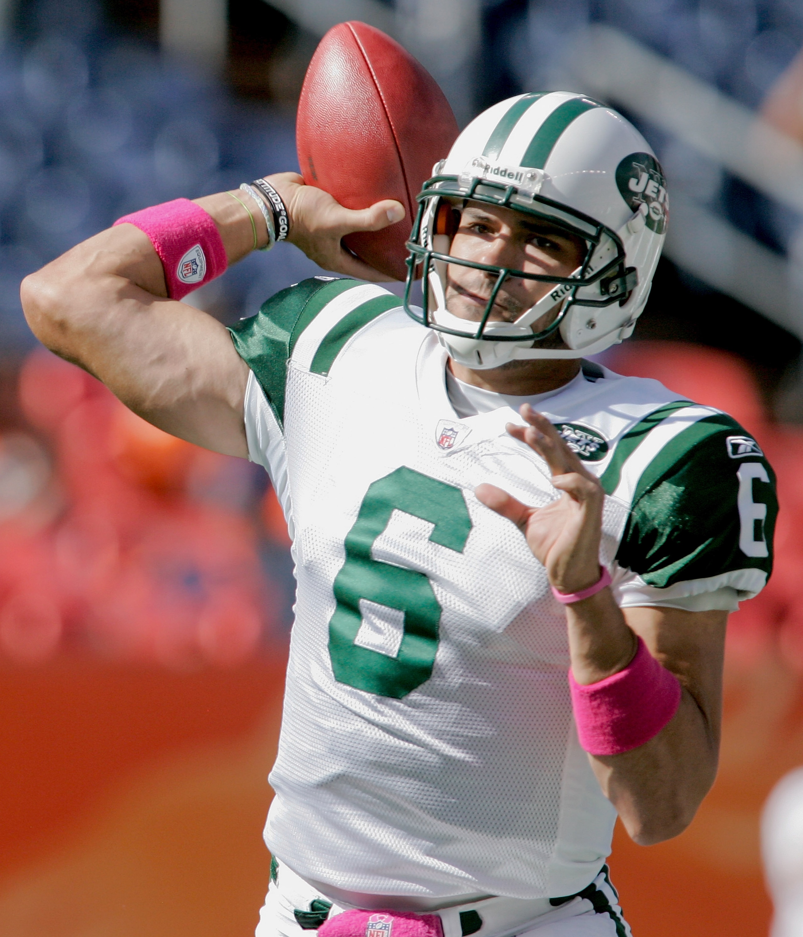DENVER - OCTOBER 17:  Quarterback Mark Sanchez #6 the New York Jets warms up before taking on the Denver Broncos at INVESCO Field at Mile High on October 17, 2010 in Denver, Colorado.  (Photo by Justin Edmonds/Getty Images)
