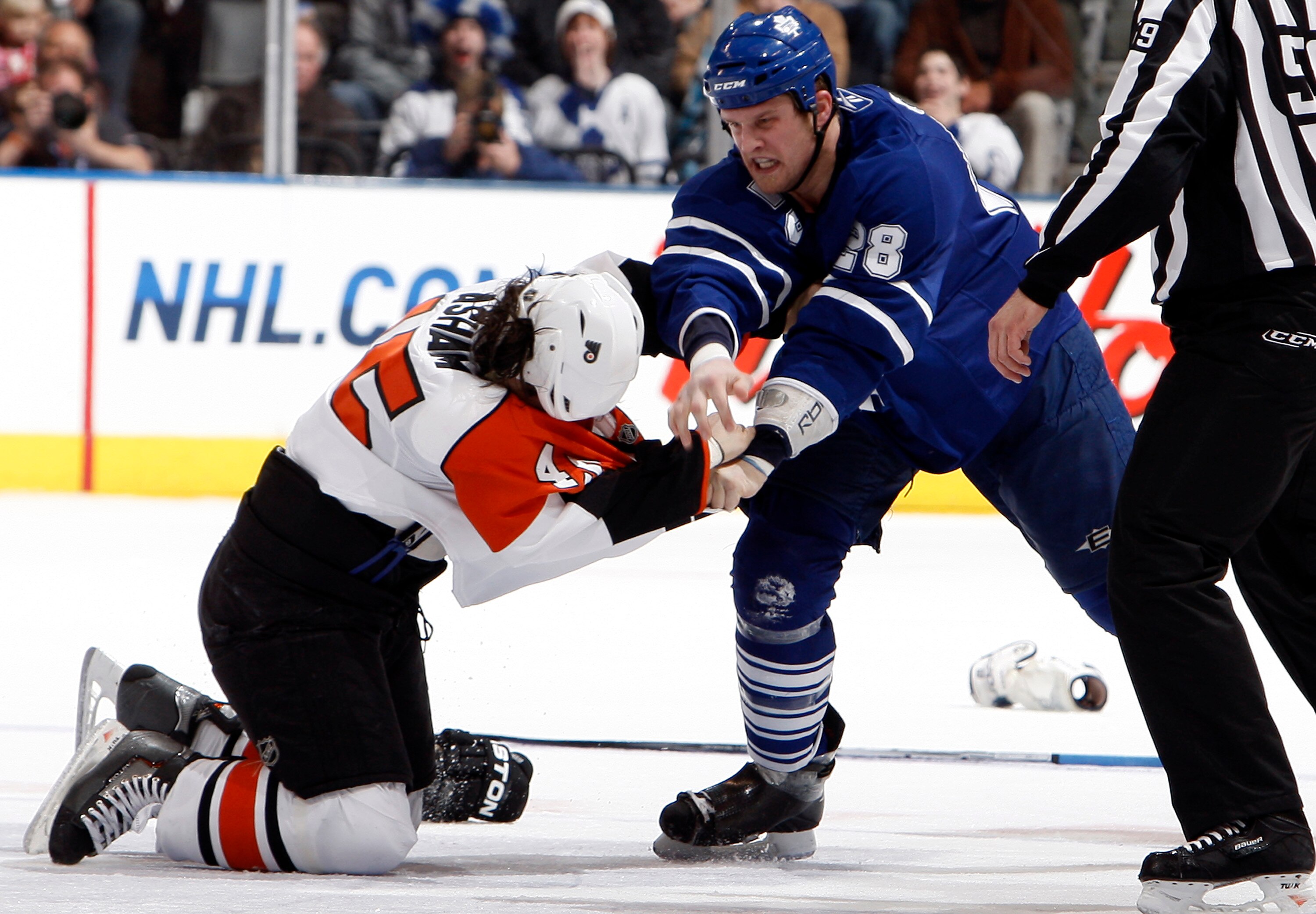 TORONTO - APRIL 6: Colton Orr #28 of the Toronto Maple Leafs fights Arron Asham #45 of the Philadelphia Flyers during an NHL game at the Air Canada Centre April 6, 2010 in Toronto, Ontario, Canada. (Photo by Abelimages/Getty Images)