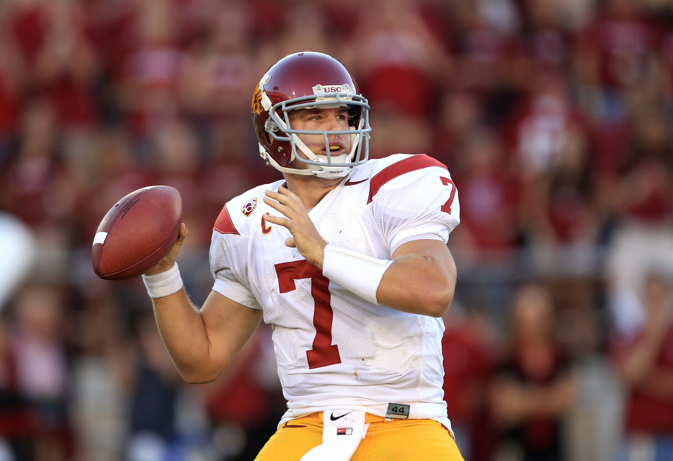 PALO ALTO, CA - OCTOBER 09: Matt Barkley #7 of the USC Trojans passes the ball during their game against the Stanford Cardinal at Stanford Stadium on October 9, 2010 in Palo Alto, California. (Photo by Ezra Shaw/Getty Images) PALO ALTO, CA - OCTOBER 09: Matt Barkley #7 of the USC Trojans passes the ball during their game against the Stanford Cardinal at Stanford Stadium on October 9, 2010 in Palo Alto, California. (Photo by Ezra Shaw/Getty Images)