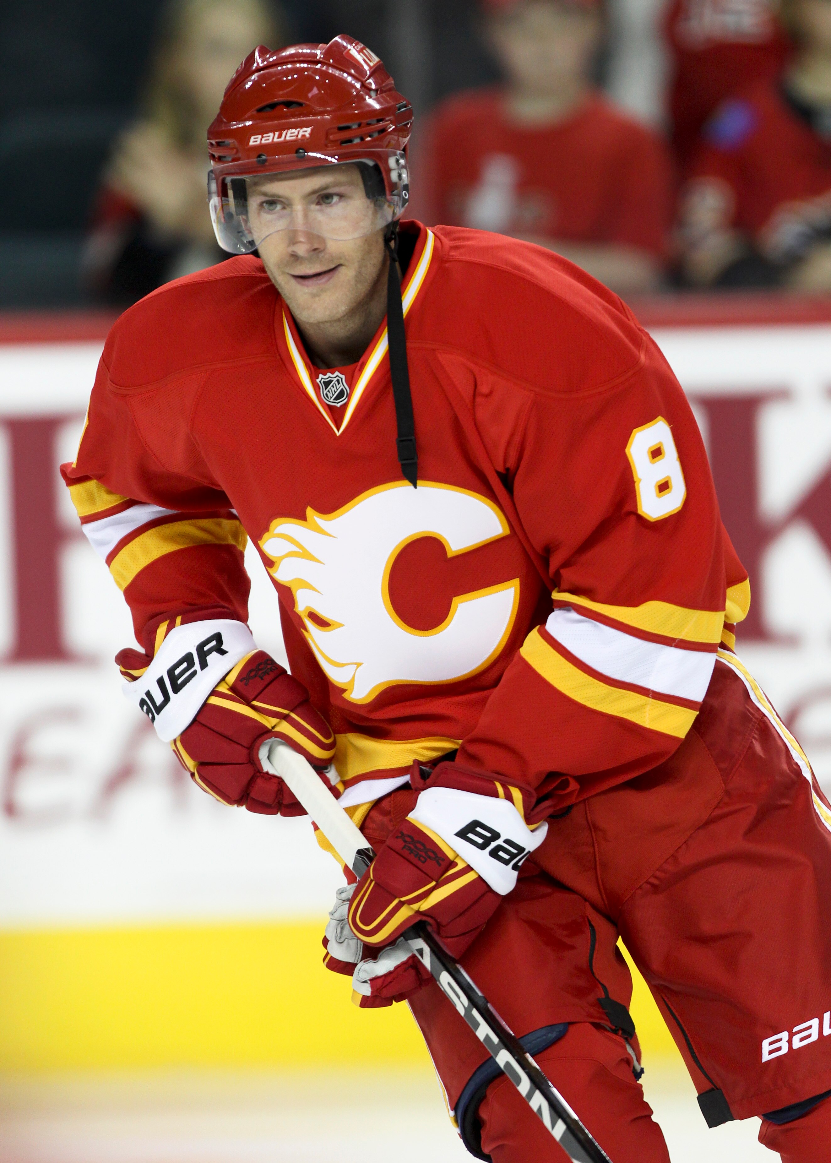 CALGARY, CANADA - OCTOBER 10:  Brendan Morrison #8 of the Calgary Flames during the pregame skate before playing the Los Angeles Kings in NHL action on October 10, 2010 at the Scotiabank Saddledome in Calgary, Alberta, Canada. (Photo by Mike Ridewood/Gett