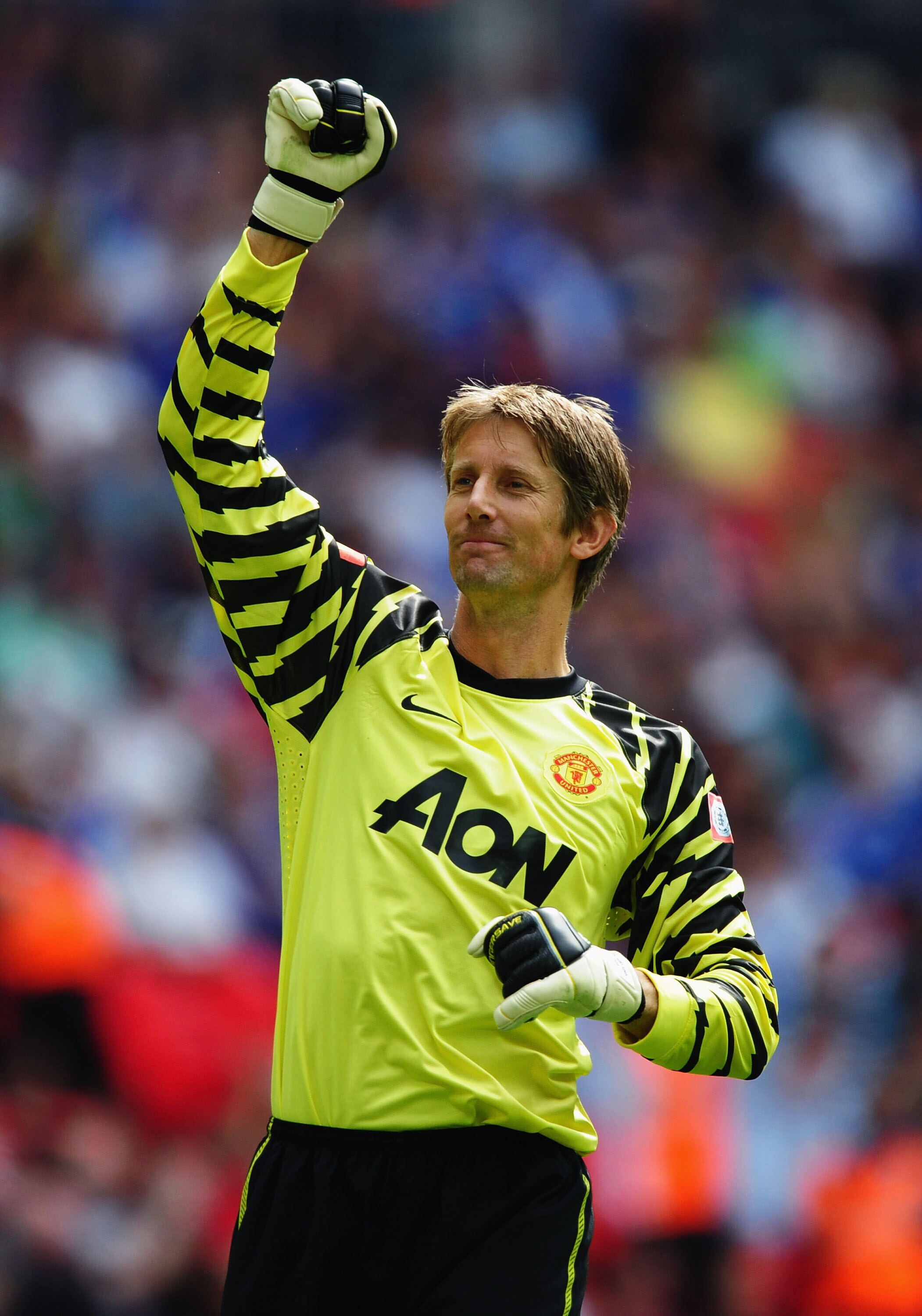 LONDON, ENGLAND - AUGUST 08:  Edwin Van der Sar of Manchester United celebrates the opening goal by Antonio Valencia during the FA Community Shield match between Chelsea and Manchester United at Wembley Stadium on August 8, 2010 in London, England.  (Phot