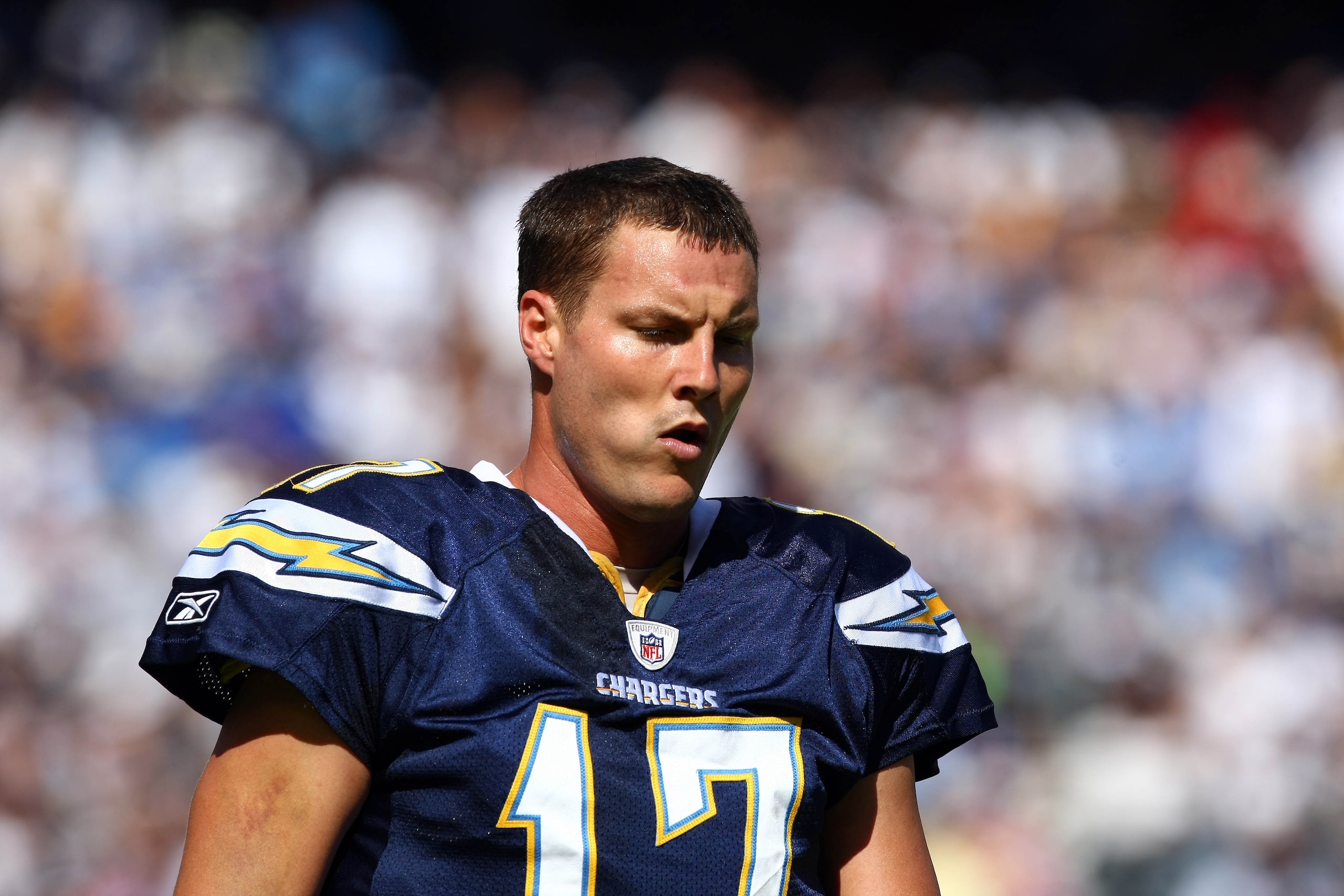 SAN DIEGO - OCTOBER 24:  Quarterback Philip Rivers #17 of the San Diego Chargers reacts to turning over the ball against the New England Patriots during the first half of their NFL game on October 24, 2010 at Qualcomm Stadium in San Diego, California. (Ph