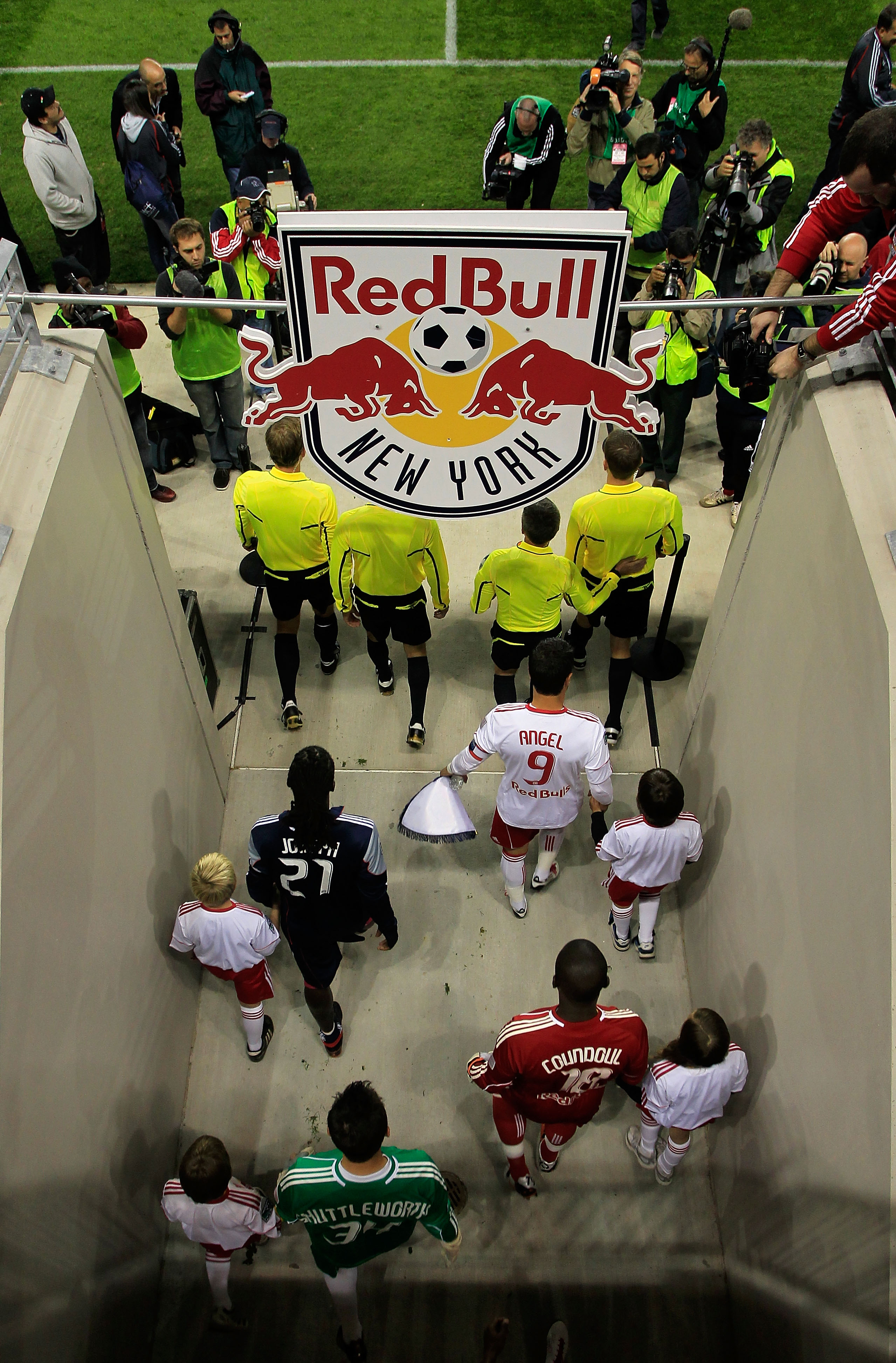 HARRISON, NJ - OCTOBER 21: New York Red Bulls and the New England Revolution walk on to the field prior to their match at Red Bull Arena on October 21, 2010 in Harrison, New Jersey. The Red Bulls defeated the Revolution 2-0.  (Photo by Chris Trotman/Getty