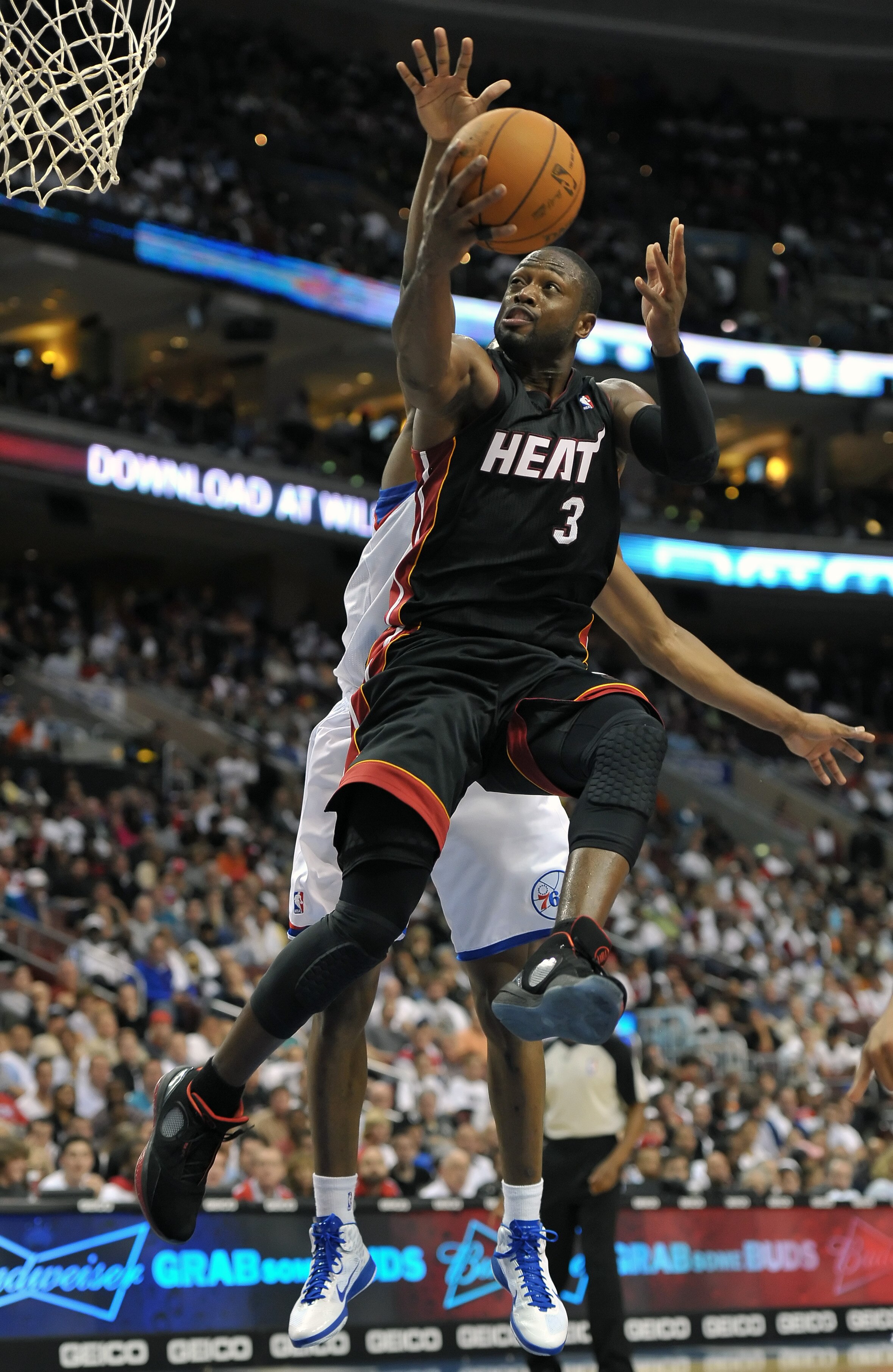 PHILADELPHIA - OCTOBER 27:  Dwyane Wade #3 of the Miami Heat lays up a shot during the game against the Philadelphia 76ers at the Wells Fargo Center on October 27, 2010 in Philadelphia, Pennsylvania. NOTE TO USER: User expressly acknowledges and agrees th