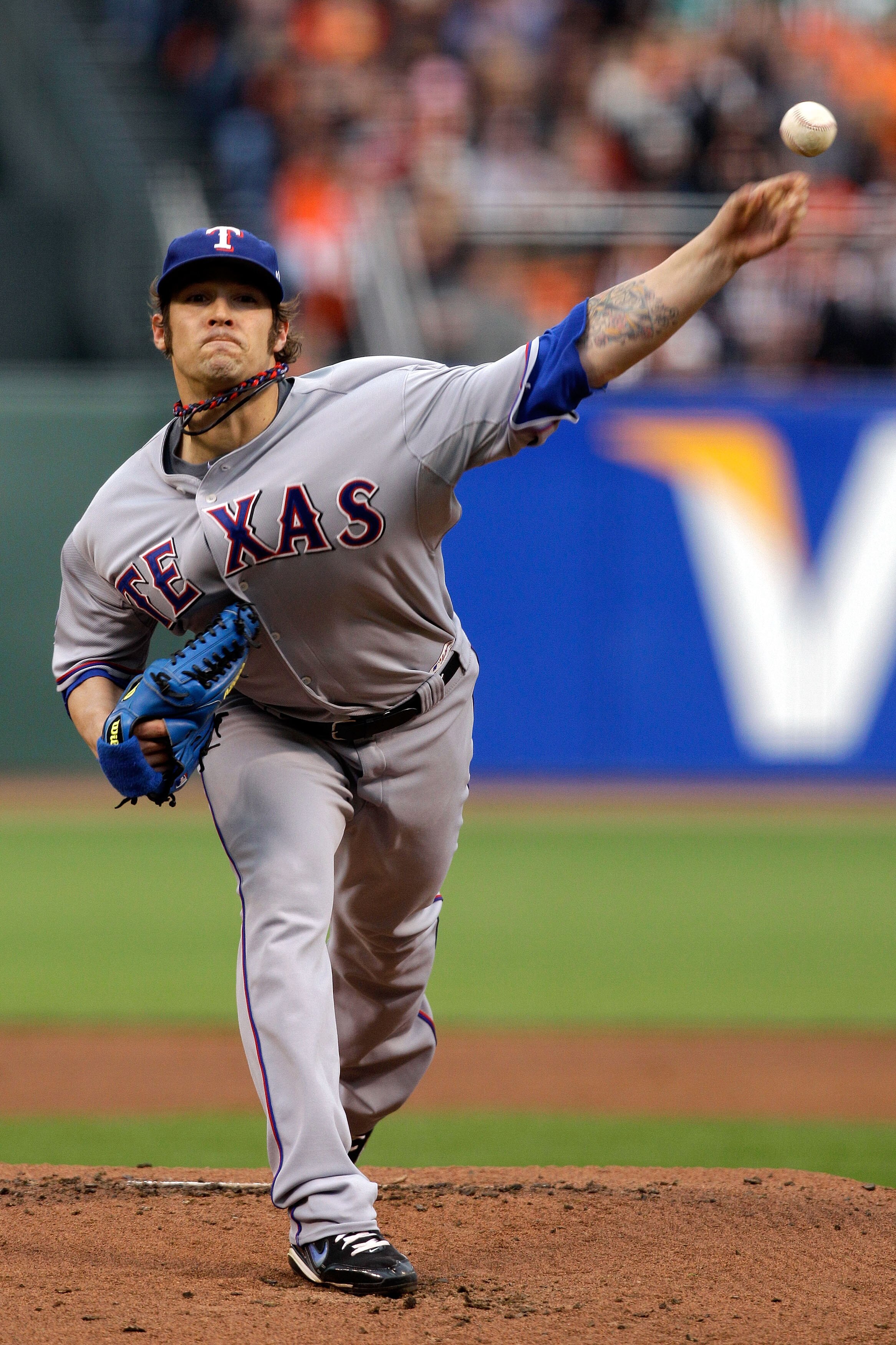 SAN FRANCISCO - OCTOBER 28:  Starting pitcher C.J. Wilson #36 of the Texas Rangers pitches in the first inning against the San Francisco Giants in Game Two of the 2010 MLB World Series at AT&T Park on October 28, 2010 in San Francisco, California.  (Photo