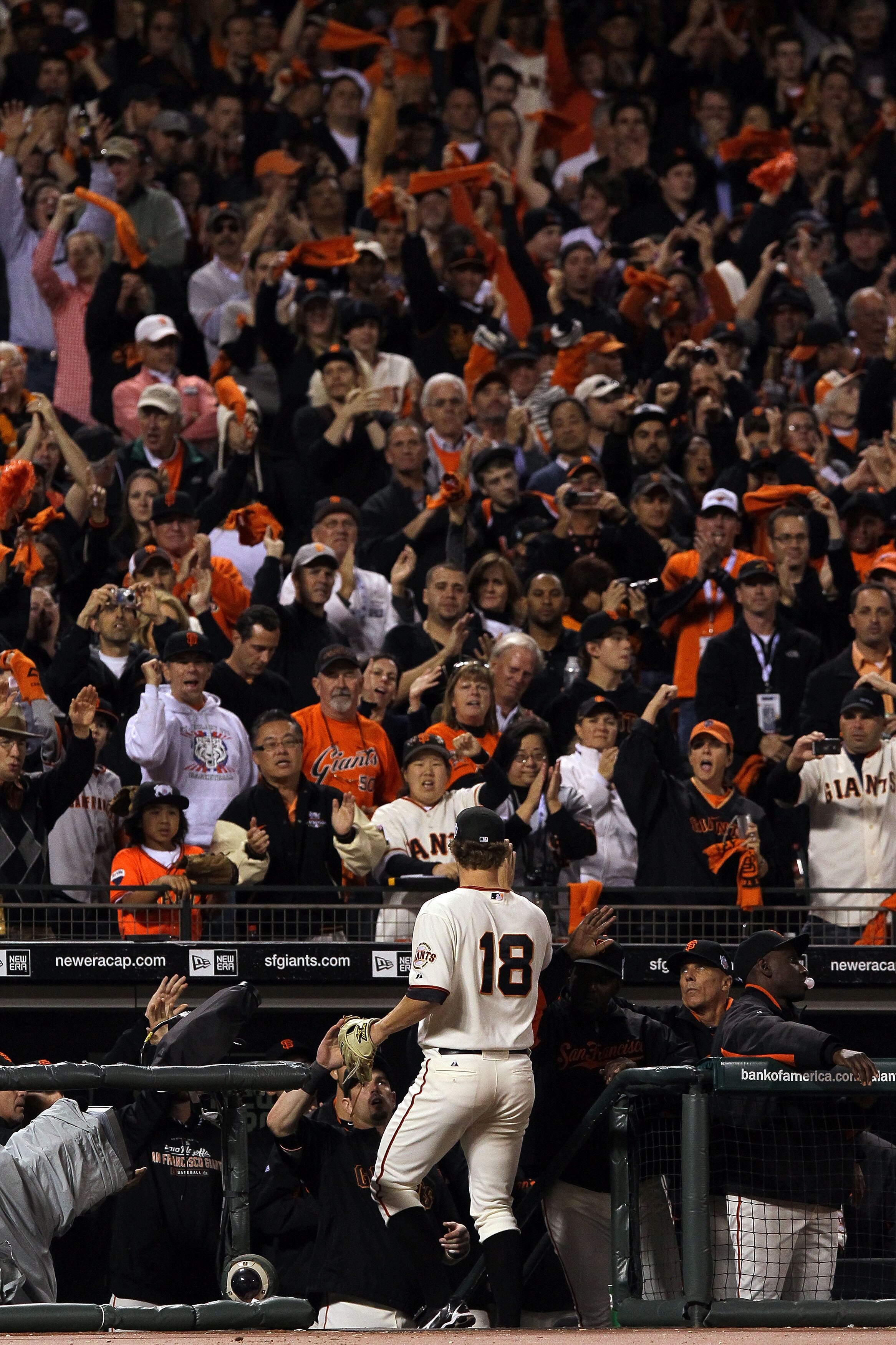 SAN FRANCISCO - OCTOBER 28:  Matt Cain #18 of the San Francisco Giants walks to the dugout after he is taken out of the game in the eighth inning while taking on the Texas Rangers in Game Two of the 2010 MLB World Series at AT&T Park on October 28, 2010 i