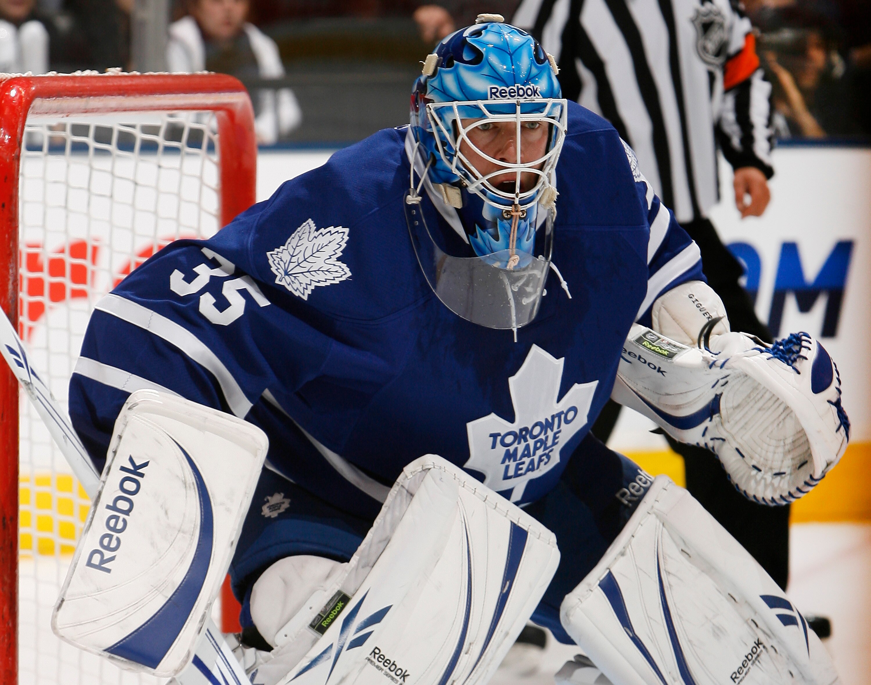 TORONTO - OCTOBER 26: Jean-Sebastien Giguere #35 of the Toronto Maple Leafs  positions himself in the net against the Florida Panthers during game action at the Air Canada Centre October 26, 2010 in Toronto, Ontario, Canada. The Leafs won 3-1. (Photo by A