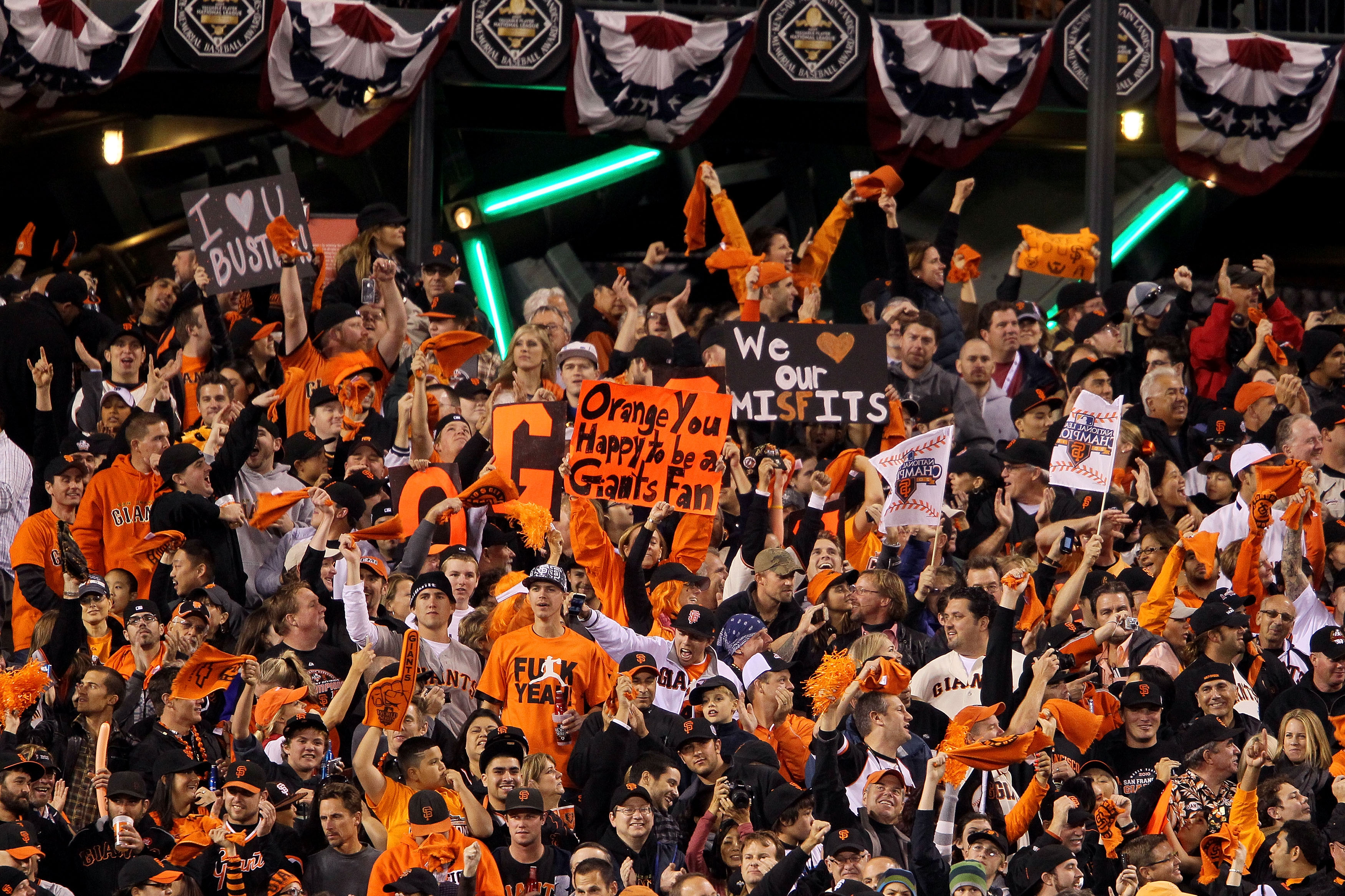 SAN FRANCISCO - OCTOBER 28:  San Francisco Giants fans cheer in the eighth inning while taking on the Texas Rangers in Game Two of the 2010 MLB World Series at AT&T Park on October 28, 2010 in San Francisco, California.  (Photo by Justin Sullivan/Getty Im