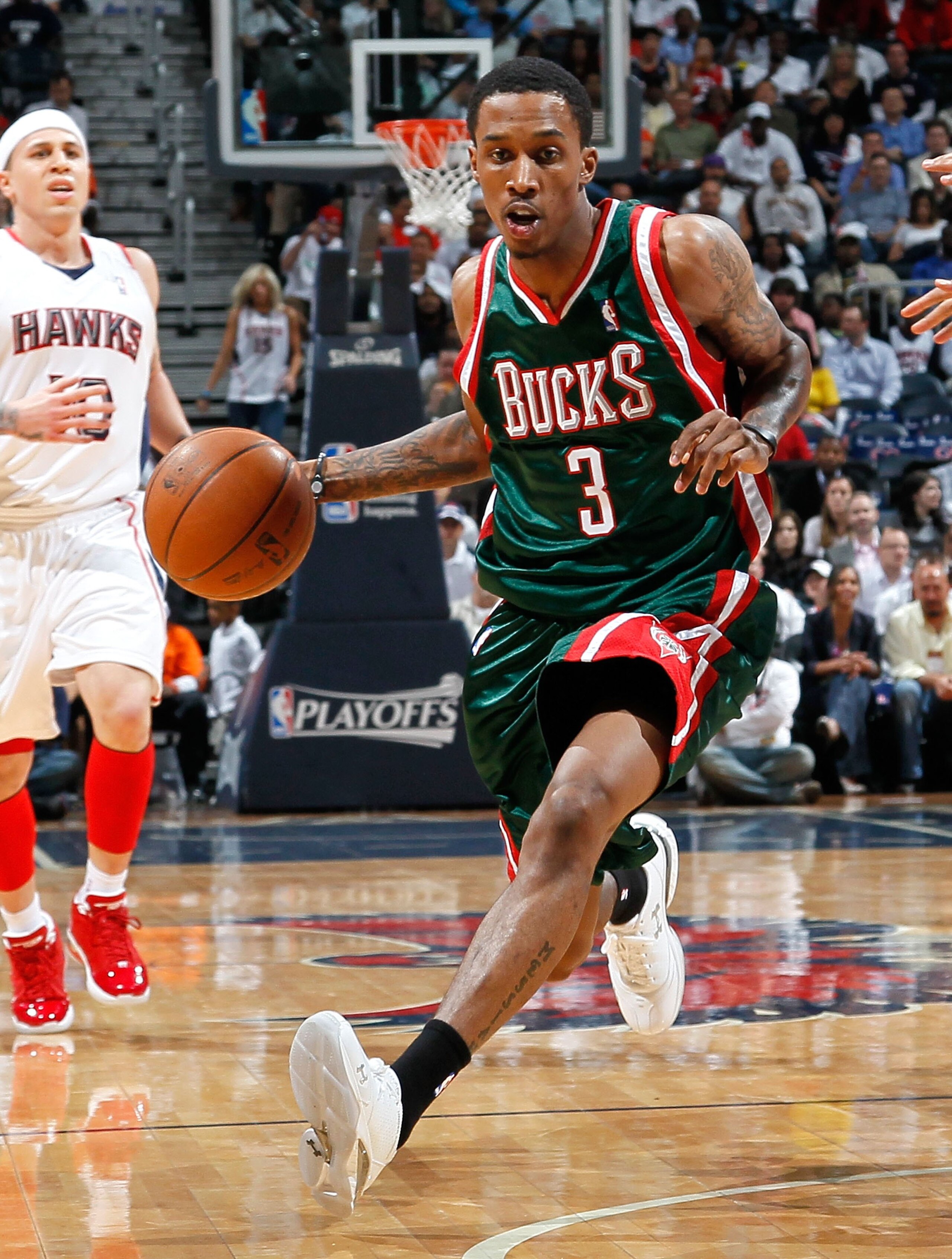 ATLANTA - APRIL 20: Brandon Jennings #3 of the Milwaukee Bucks against the Atlanta Hawks at Philips Arena on April 20, 2010 in Atlanta, Georgia. NOTE TO USER: User expressly acknowledges and agrees that, by downloading and/or using this Photograph, User ATLANTA - APRIL 20: Brandon Jennings #3 of the Milwaukee Bucks against the Atlanta Hawks at Philips Arena on April 20, 2010 in Atlanta, Georgia. NOTE TO USER: User expressly acknowledges and agrees that, by downloading and/or using this Photograph, User