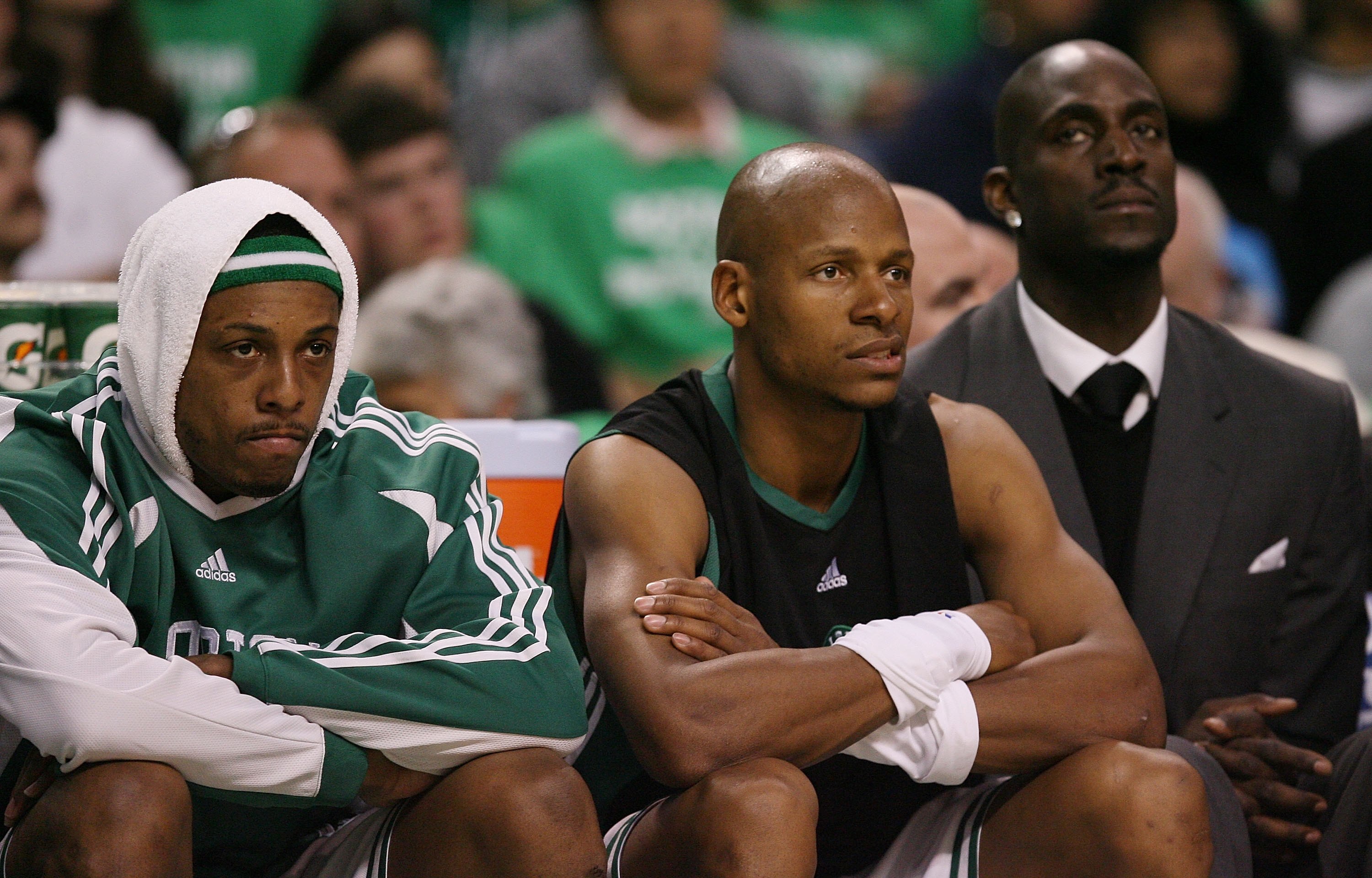 BOSTON - APRIL 18:  Paul Pierce #34, Ray Allen #20 and Kevin Garnett #5  of the Boston Celtics look on from the bench against the Chicago Bulls in Game One of the Eastern Conference Quarterfinals during the 2009 NBA Playoffs at TD Banknorth Garden on Apri