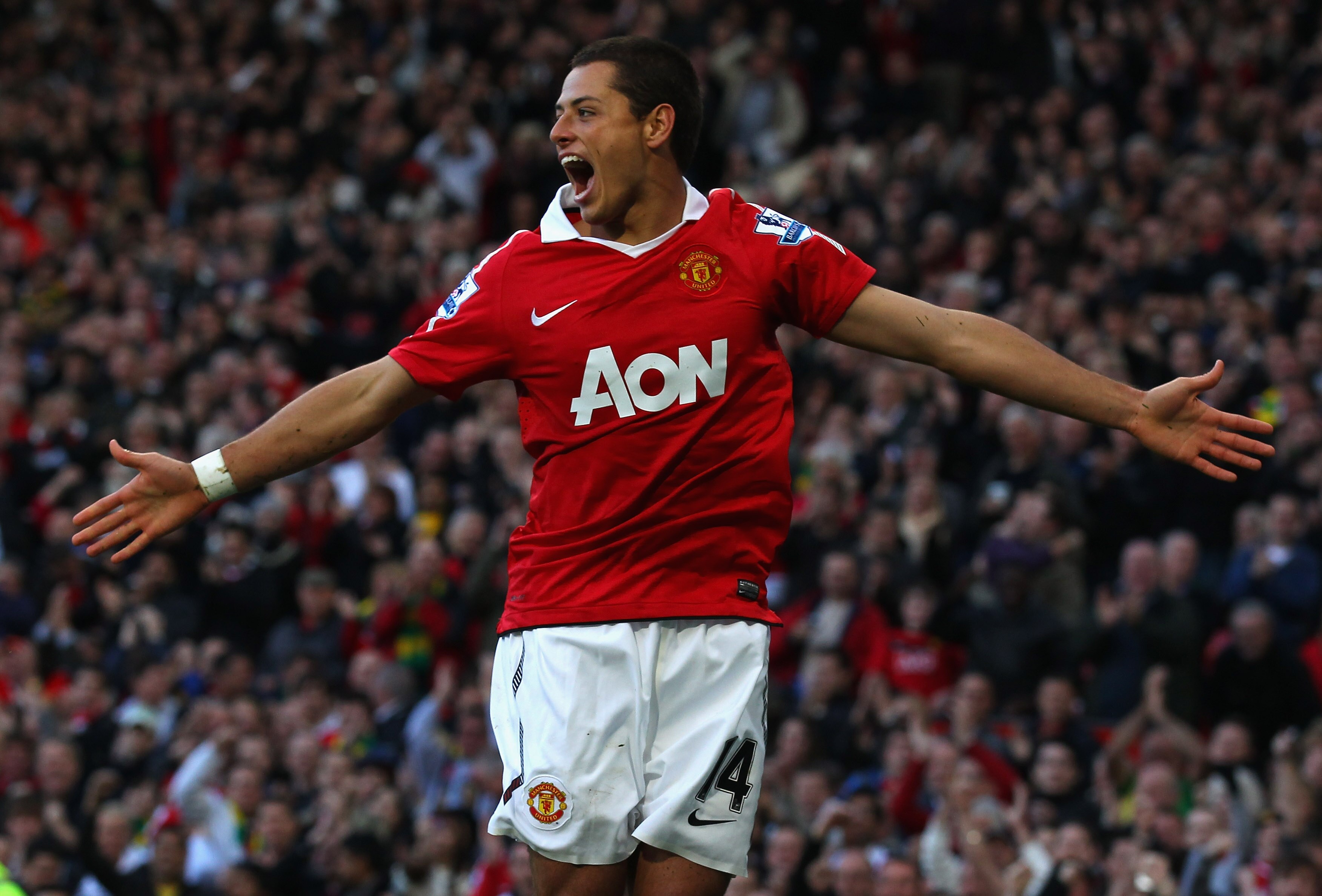 MANCHESTER, ENGLAND - OCTOBER 16:  Javier Hernandez of Manchester United celebrates after scoring the first goal during the Barclays Premier League match between Manchester United and West Bromwich Albion at Old Trafford on October 16, 2010 in Manchester,