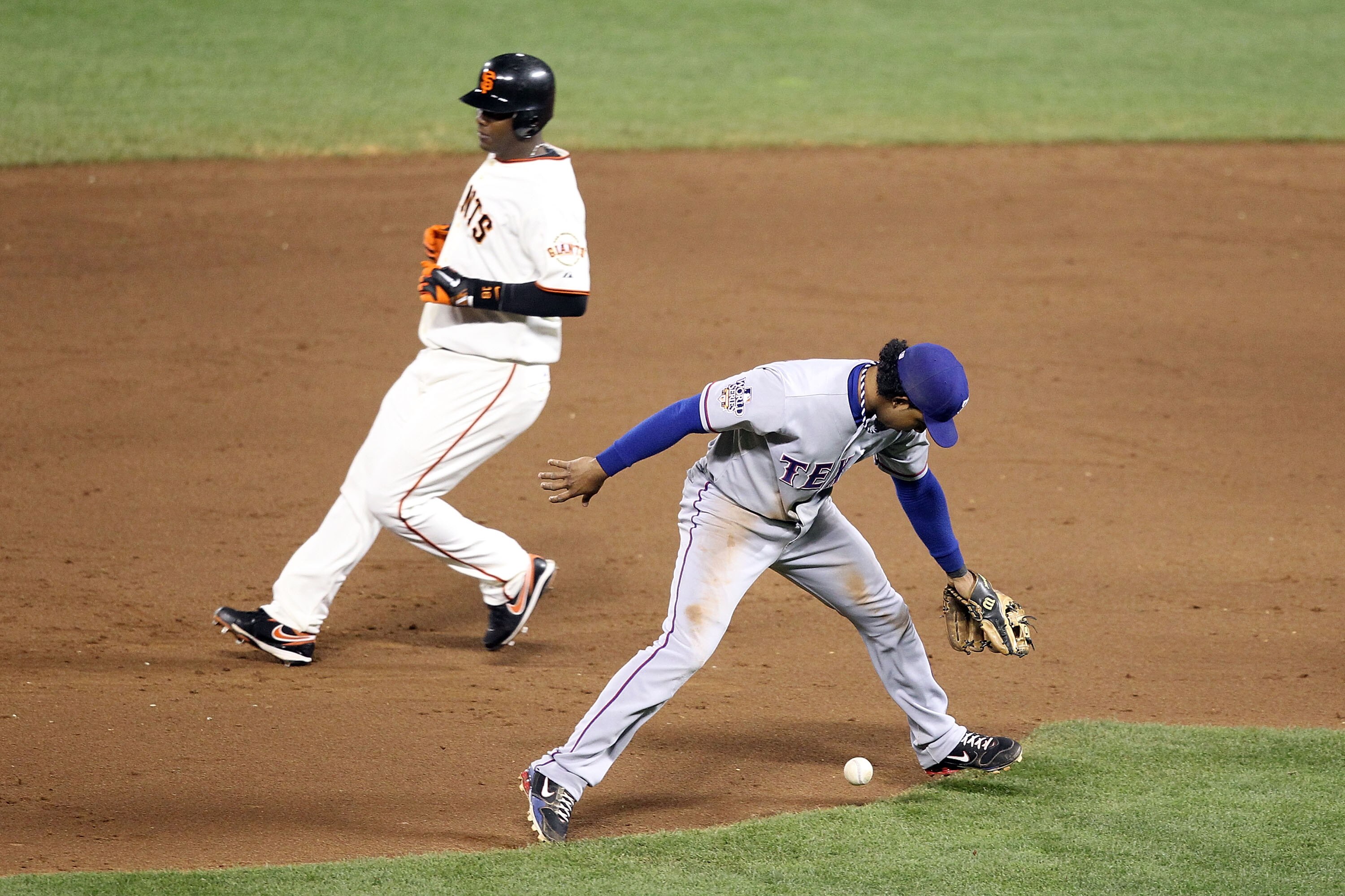 SAN FRANCISCO - OCTOBER 27:  Elvis Andrus #1 of the Texas Rangers reacts after making an error in the fifth inning of Game One of the 2010 MLB World Series at AT&T Park on October 27, 2010 in San Francisco, California.  (Photo by Christian Petersen/Getty