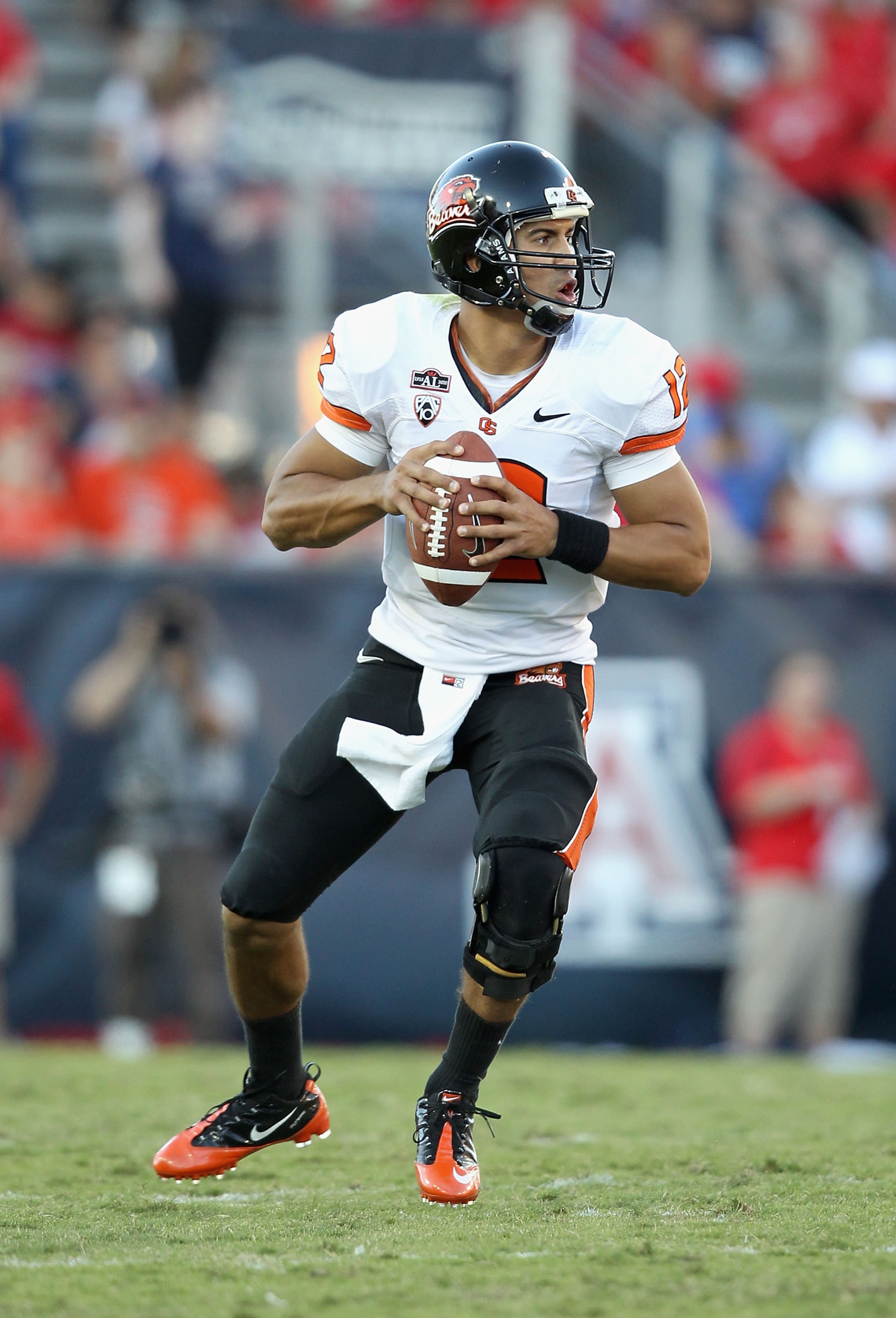 TUCSON, AZ - OCTOBER 09:  Quarterback Ryan Katz #12 of the Oregon State Beavers drops back to pass during the college football game against the Arizona Wildcats at Arizona Stadium on October 9, 2010 in Tucson, Arizona.  The Beavers defeated the Wildcats 2