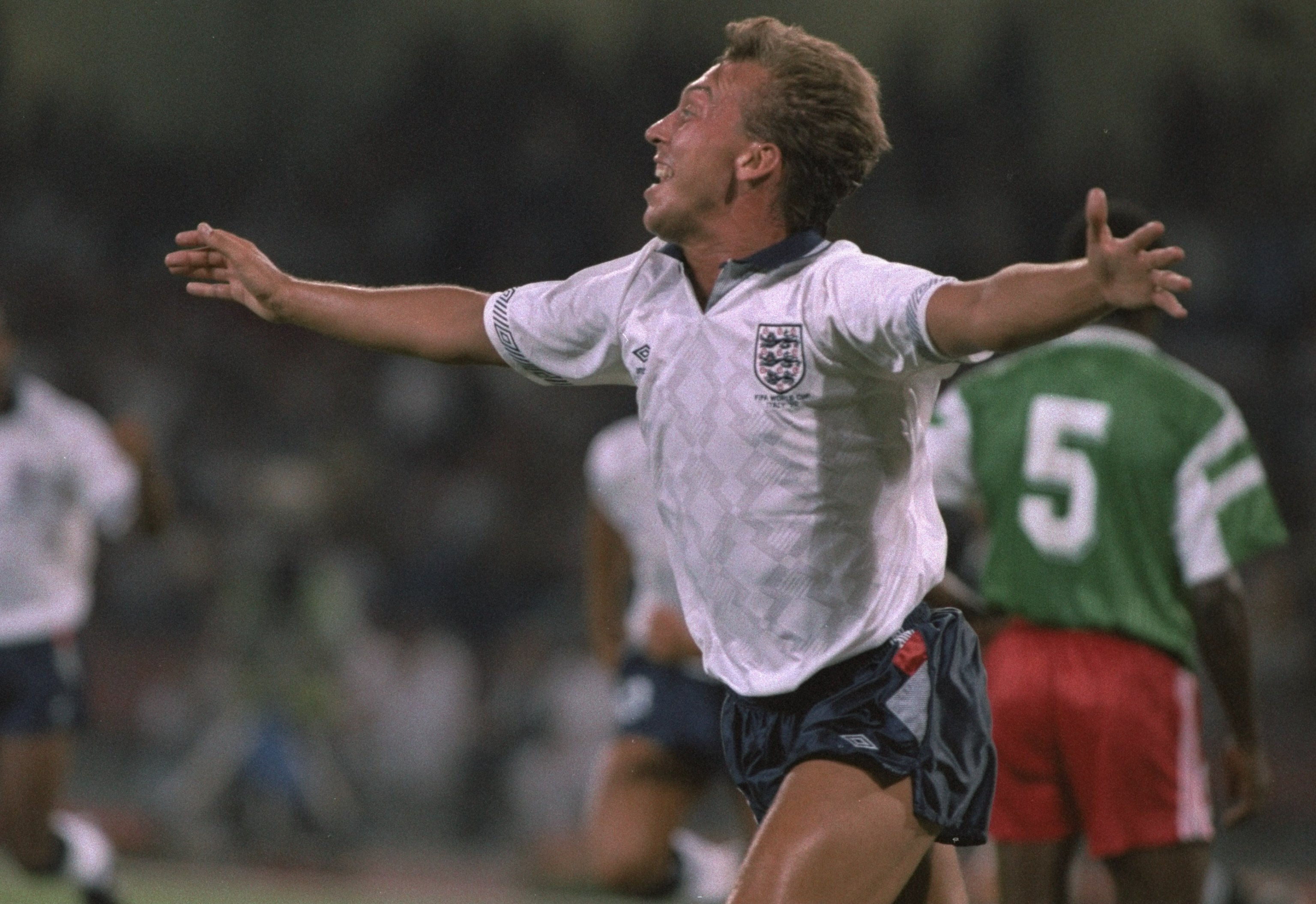 1 Jul 1990:  David Platt of England celebrates his goal during the World Cup Quarter Final match against Cameroon in Naples, Italy. England won the match 3-2. \ Mandatory Credit: Allsport UK /Allsport
