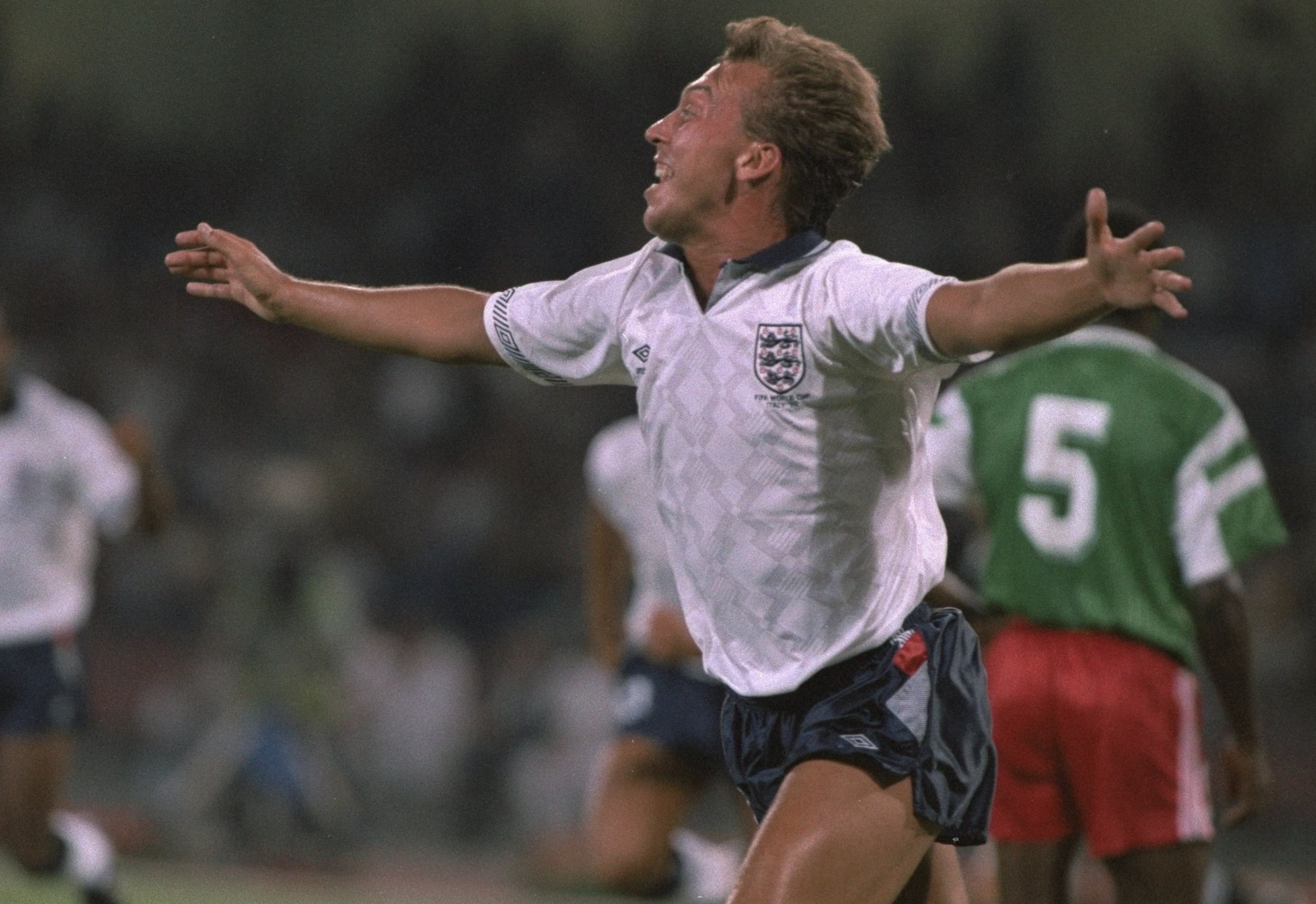 1 Jul 1990:  David Platt of England celebrates his goal during the World Cup Quarter Final match against Cameroon in Naples, Italy. England won the match 3-2. \ Mandatory Credit: Allsport UK /Allsport
