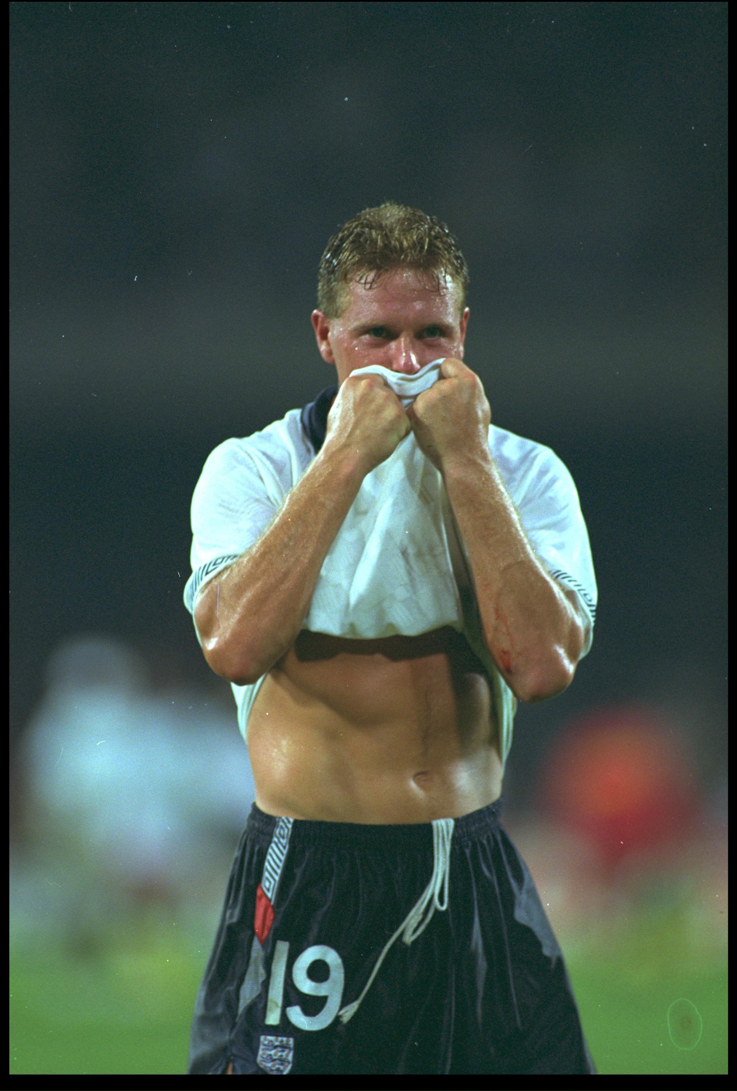 4 JUL 1990:  PAUL GASCOIGNE OF ENGLAND IS BROUGHT TO TEARS AFTER RECEIVING A YELLOW CARD IN THE WORLD CUP SEMI-FINAL MATCH AGAINST WEST GERMANY PLAYED AT THE DELLE ALPI STADIUM IN TURIN. AFTER EXTRA TIME THE MATCH WAS STILL DRAWN 1-1 BUT WEST GERMANY WONT