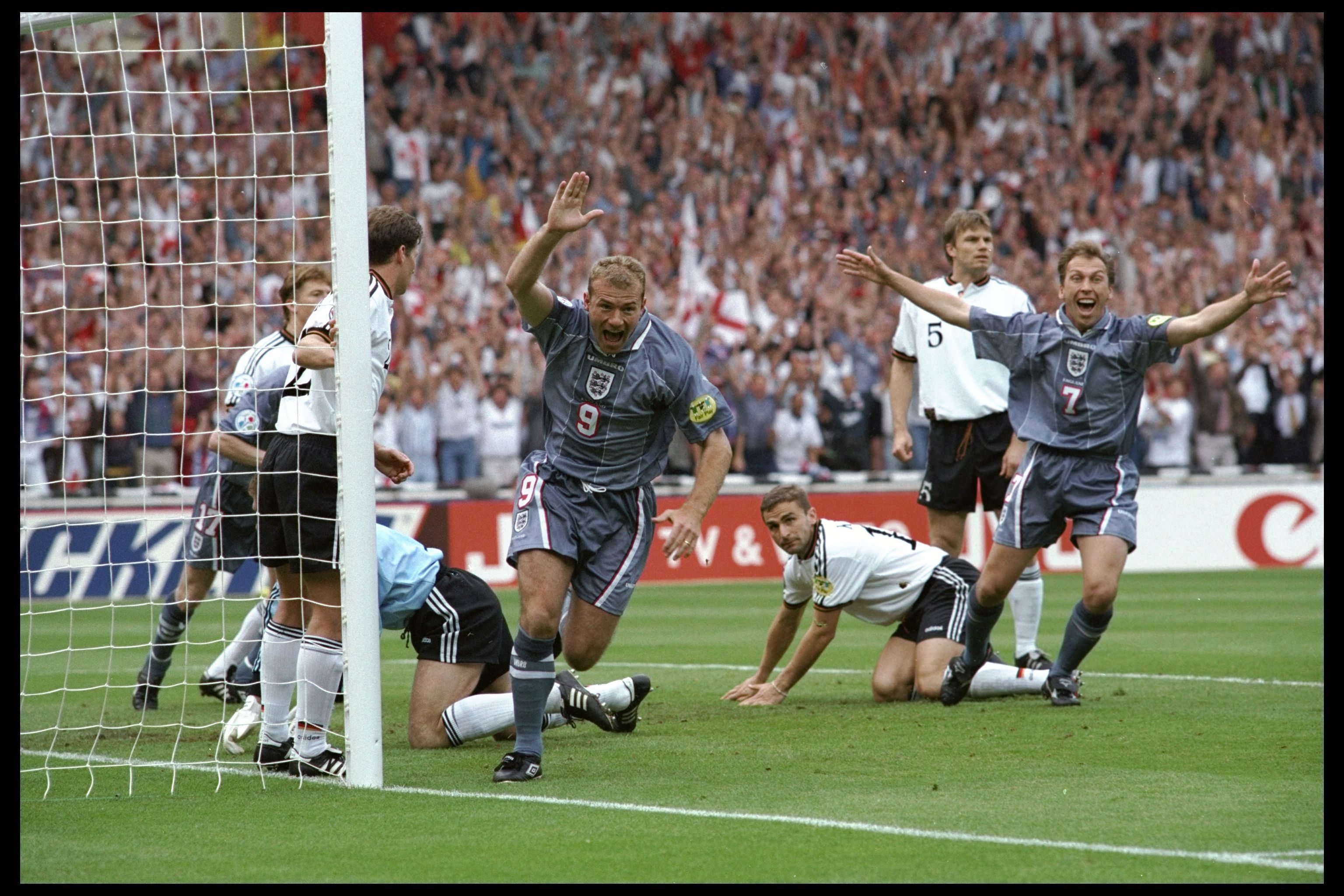 26 Jun 1996:  Alan Shearer (number 9) scores for England during the European championship semi final match between England and Germany at Wembley Stadium, London. Germany won the match after extra time in a penalty shoot out 1(6) 1(5). Mandatory Credit:Ro