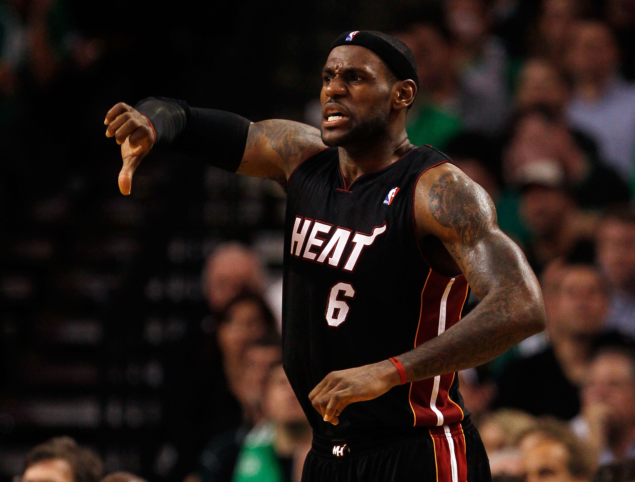 BOSTON, MA - OCTOBER 26: LeBron James #6 of the Miami Heat reacts in the fourth quarter against the Boston Celtics at the TD Banknorth Garden on October 26, 2010 in Boston, Massachusetts. NOTE TO USER: User expressly acknowledges and agrees that, by downl