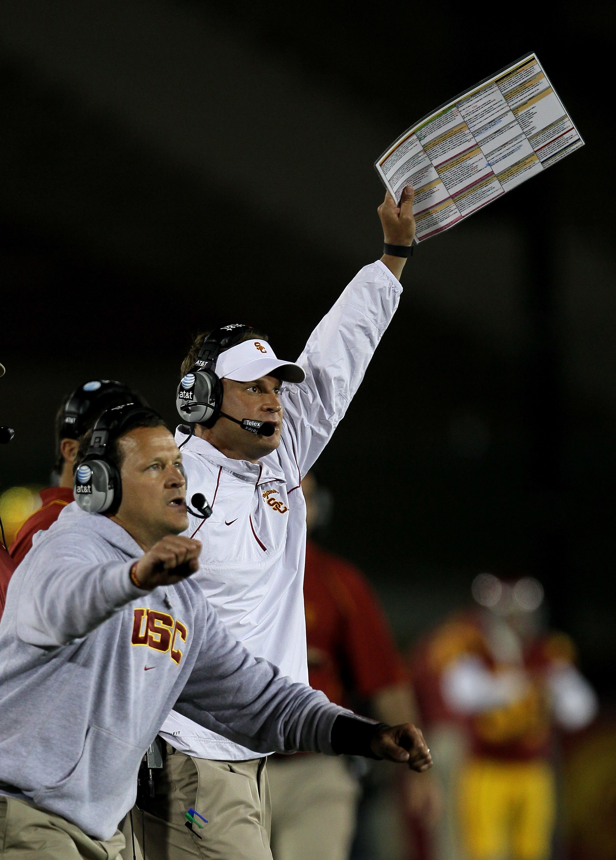 LOS ANGELES - SEPTEMBER 11:  Head coach Lane Kiffin of the USC Trojans reacts as the Virginia Cavaliers miss a field goal attempt in the fourth quarter at Los Angeles Memorial Coliseum on September 11, 2010 in Los Angeles, California. USC won 17-14.  (Pho