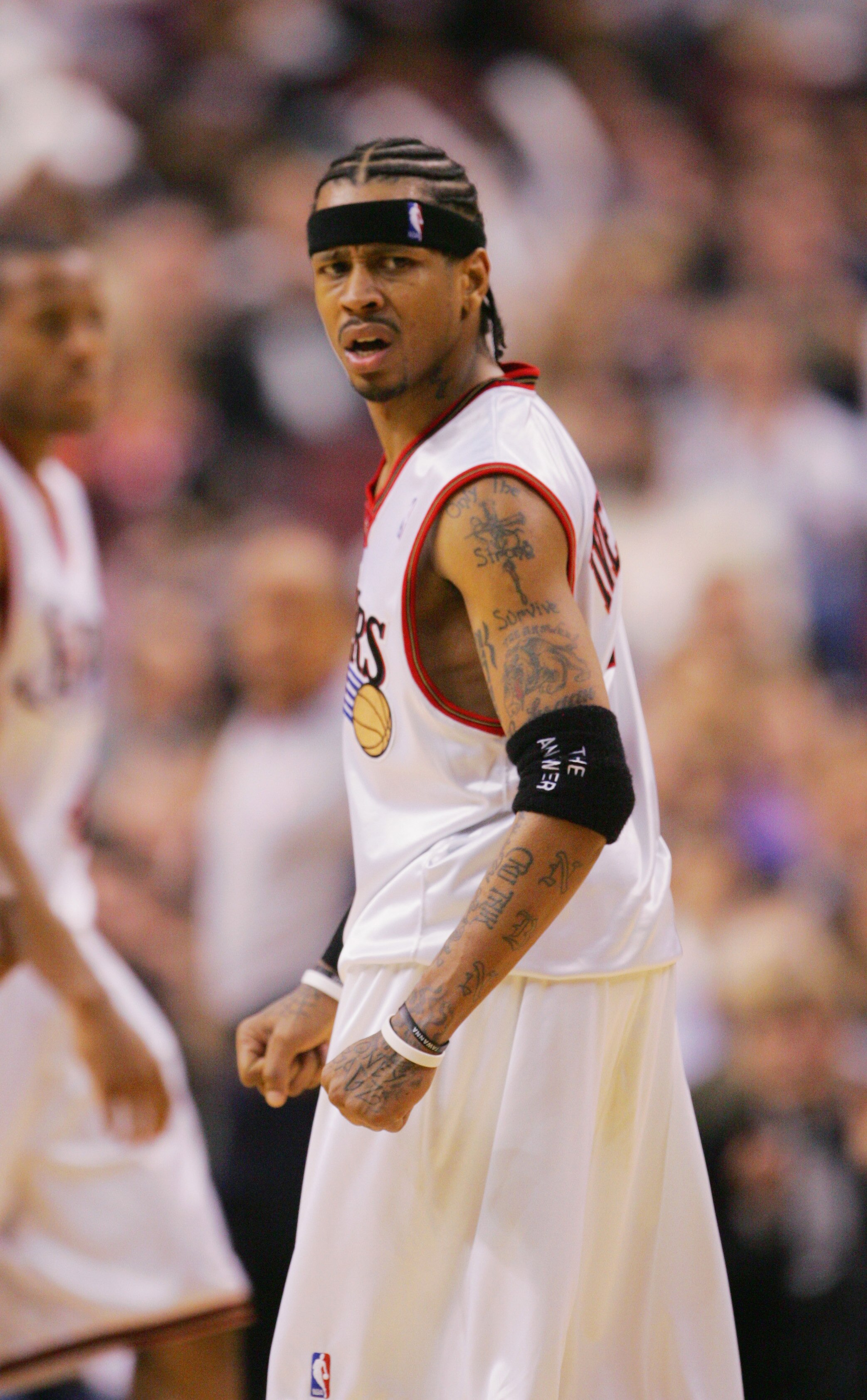 PHILADELPHIA - NOVEMBER 24:  Allen Iverson #3 of the Philadelphia 76ers reacts against the Boston Celtics during the game at the Wachovia Center on November 24, 2004 in Philadelphia, Pennsylvania.   The Sixers won 110-97.  NOTE TO USER: User expressly ack