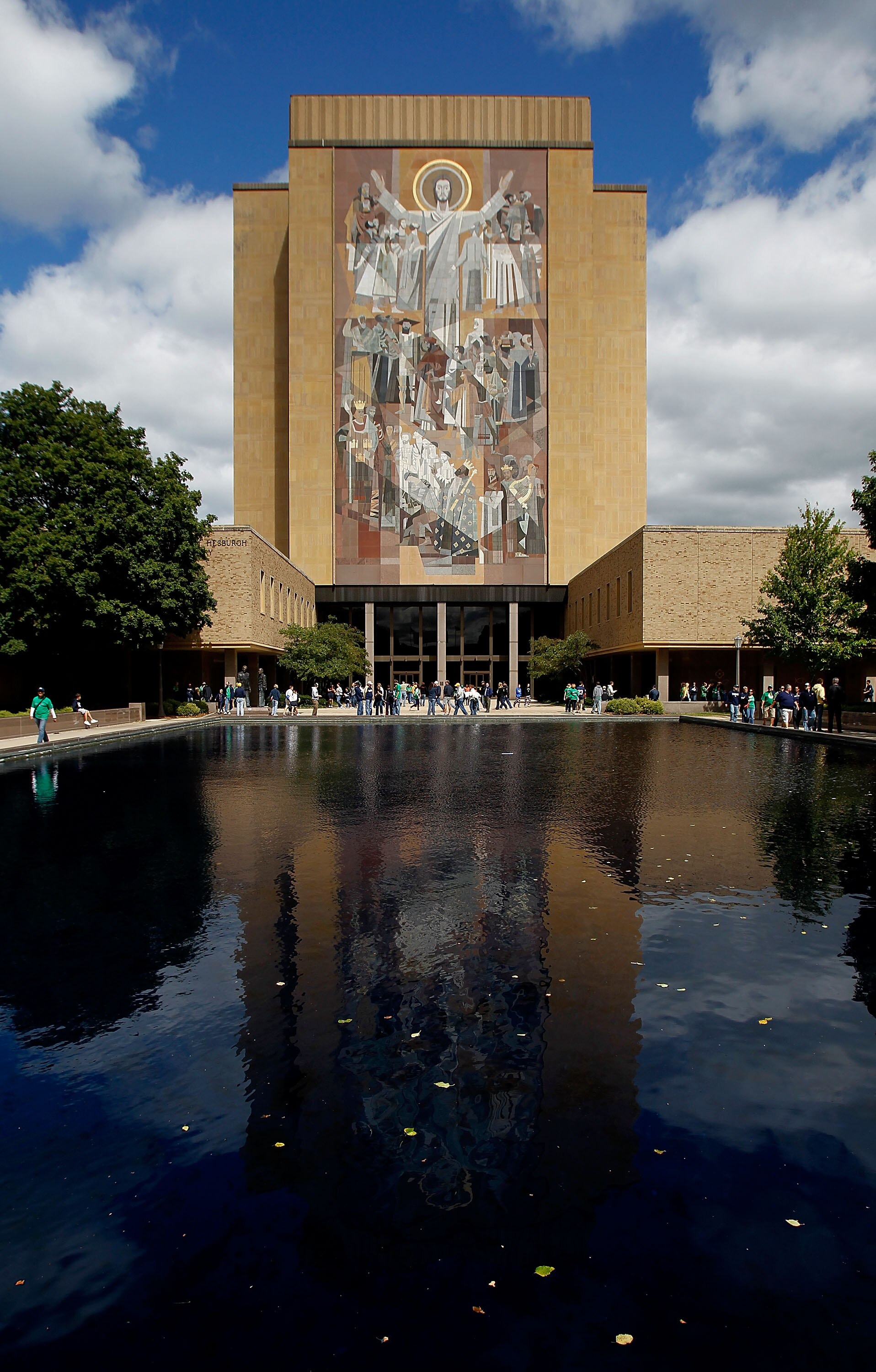 SOUTH BEND, IN - SEPTEMBER 04: The 'Way of Life' mural, also known as 'Touchdown Jesus,'  is seen on the campus of Notre Dame University before a game between the Notre Dame Fighting Irish and the Purdue Boilermakers at Notre Dame Stadium on September 4, 