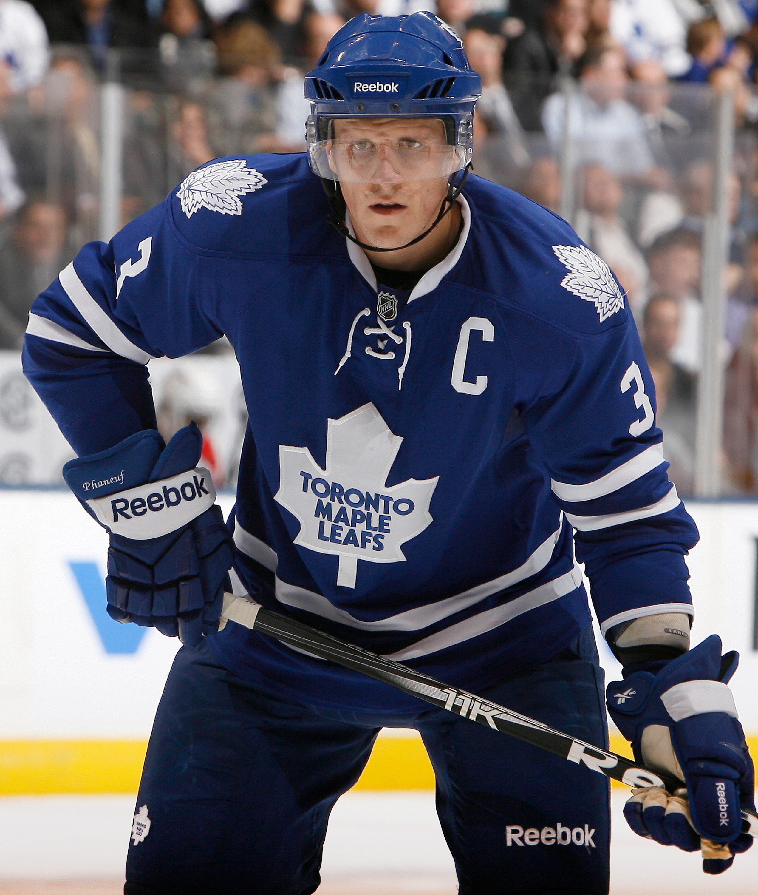 TORONTO - OCTOBER 26: Dion Phaneuf #3 of the Toronto Maple Leafs waits for faceoff against the Florida Panthers during game action at the Air Canada Centre October 26, 2010 in Toronto, Ontario, Canada. The Leafs won 3-1. (Photo by Abelimages/Getty Images)