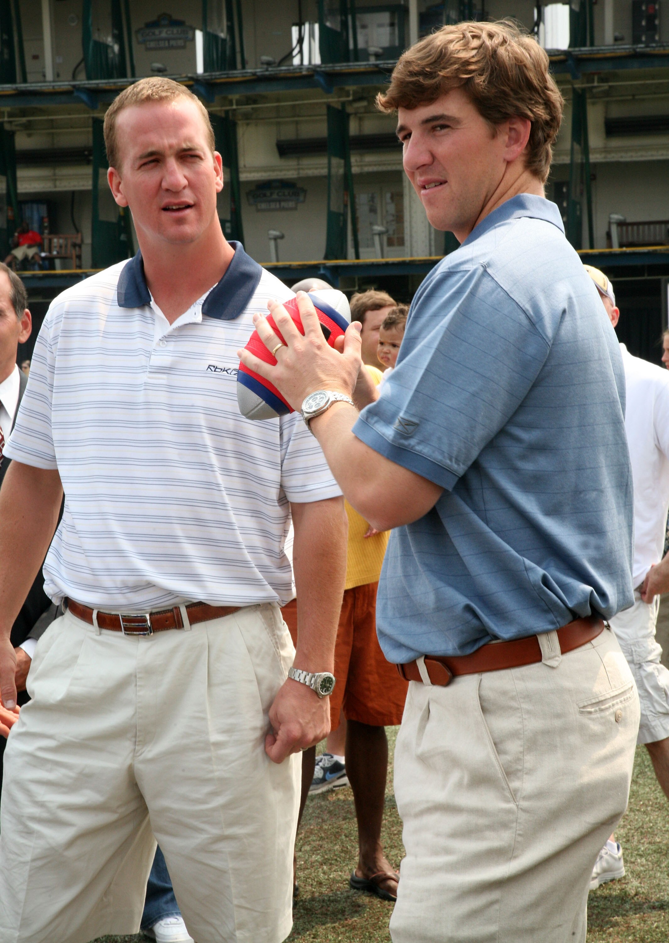 NEW YORK - JUNE 14:  (L-R) Indianapolis Colts quarterback Peyton Manning and New York Giants quarterback Eli Manning attends the NERF Father's Day Football Throwdown on June 14, 2008 at Chelsea Piers in New York City.  (Photo by Astrid Stawiarz/Getty Imag