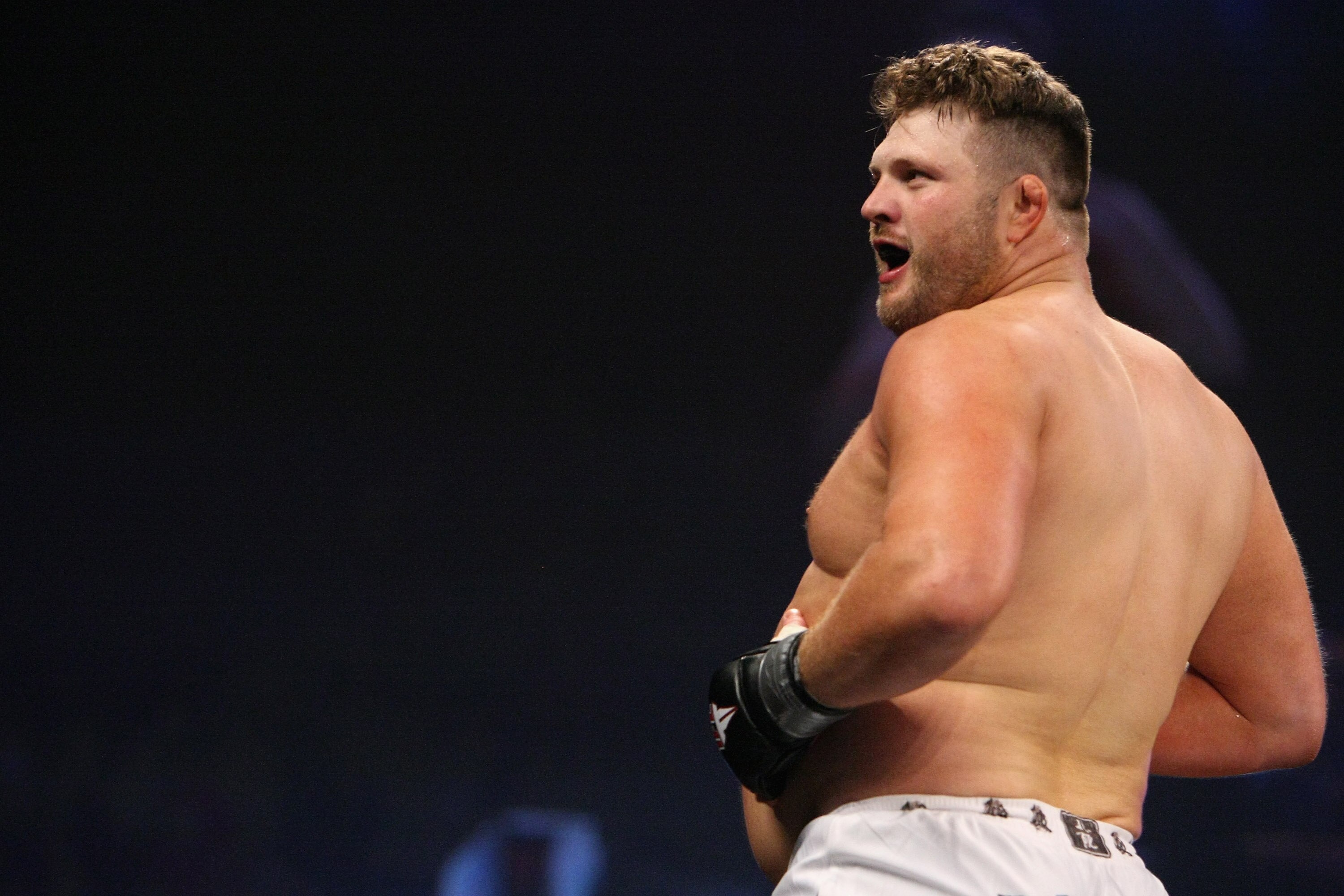 UNCASVILLE, CT - MAY 16:  Roy Nelson (White Trunks) of the Lions Den celebrates after beating Brad Imes MilesTech Fighting System during their bout presented by the International Fighting League at the Mohegan Sun Arena May 16, 2008 in Uncasville, Connect