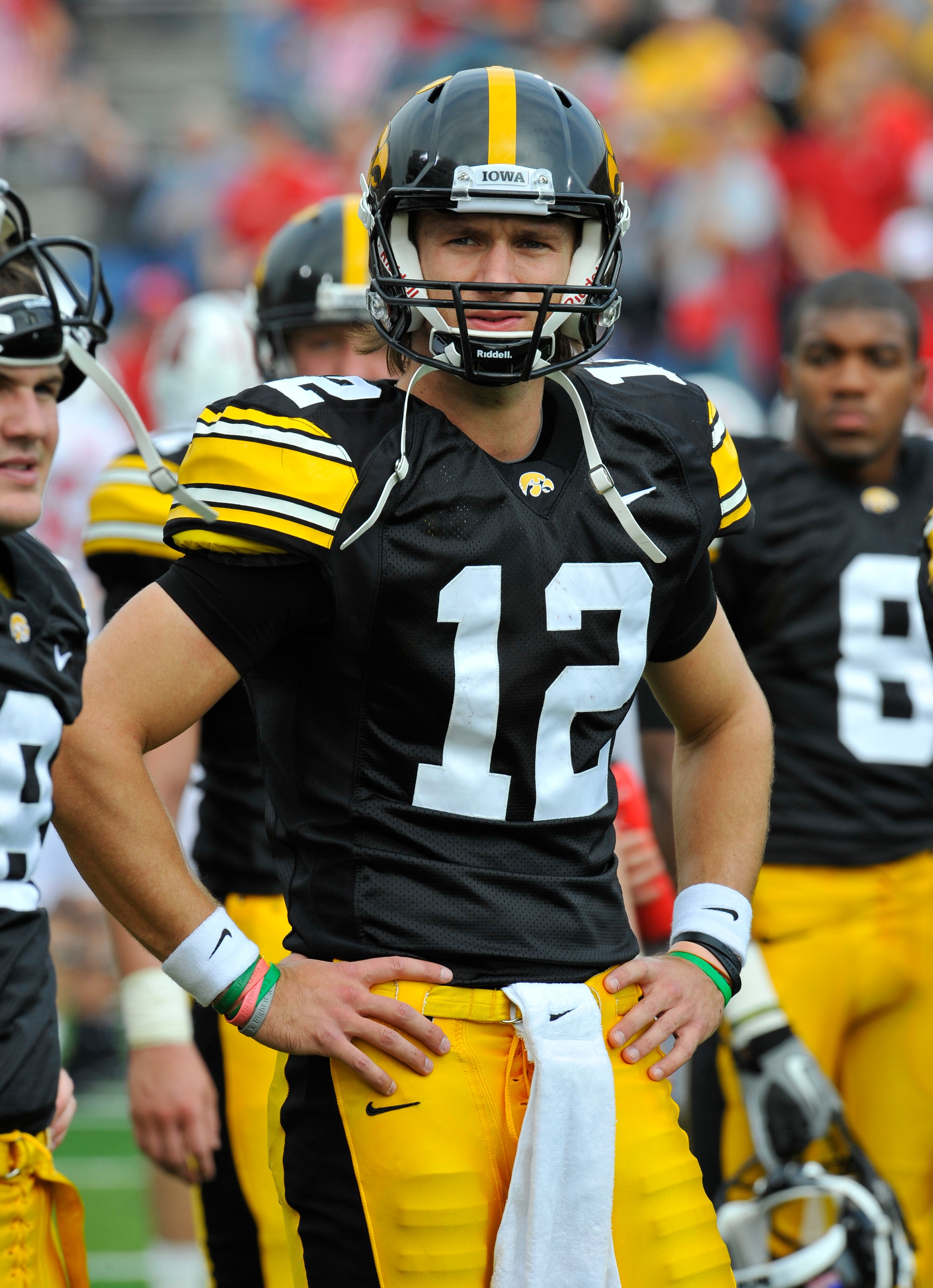 IOWA CITY, IA - OCTOBER 23- Quarterback Ricky Stanzi #12 of the University of Iowa Hawkeyes warms up before action against the Wisconsin Badgers at Kinnick Stadium on October 23, 2010 in Iowa City, Iowa. Wisconsin won 31-30 over Iowa. (Photo by David Purd
