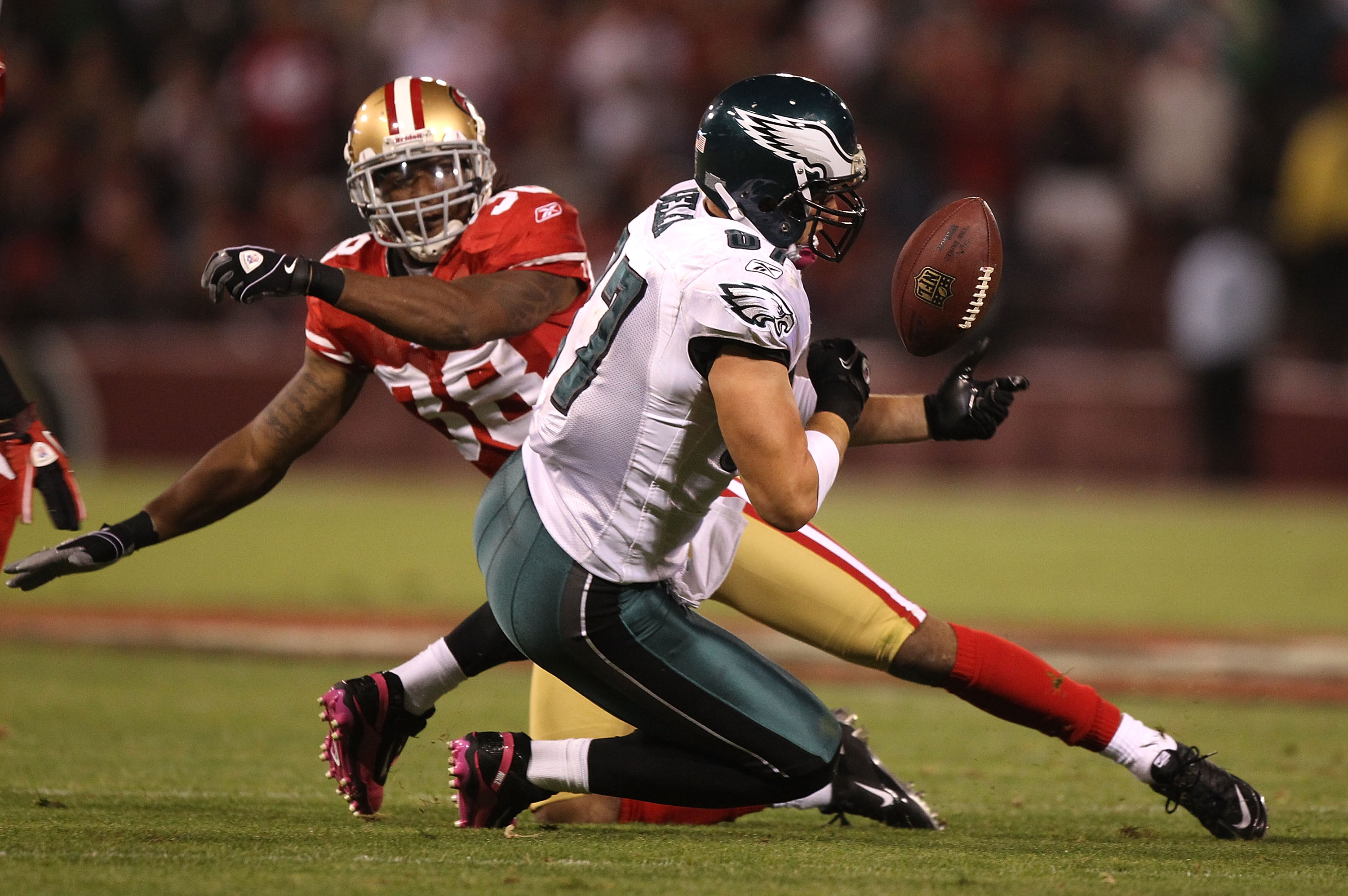SAN FRANCISCO - OCTOBER 10:  Brent Celek #87 of the Philadelphia Eagles misses a pass as Dashon Golden #38 of  the San Francisco 49ers defends during an NFL game at Candlestick Park on October 10, 2010 in San Francisco, California.  (Photo by Jed Jacobsoh