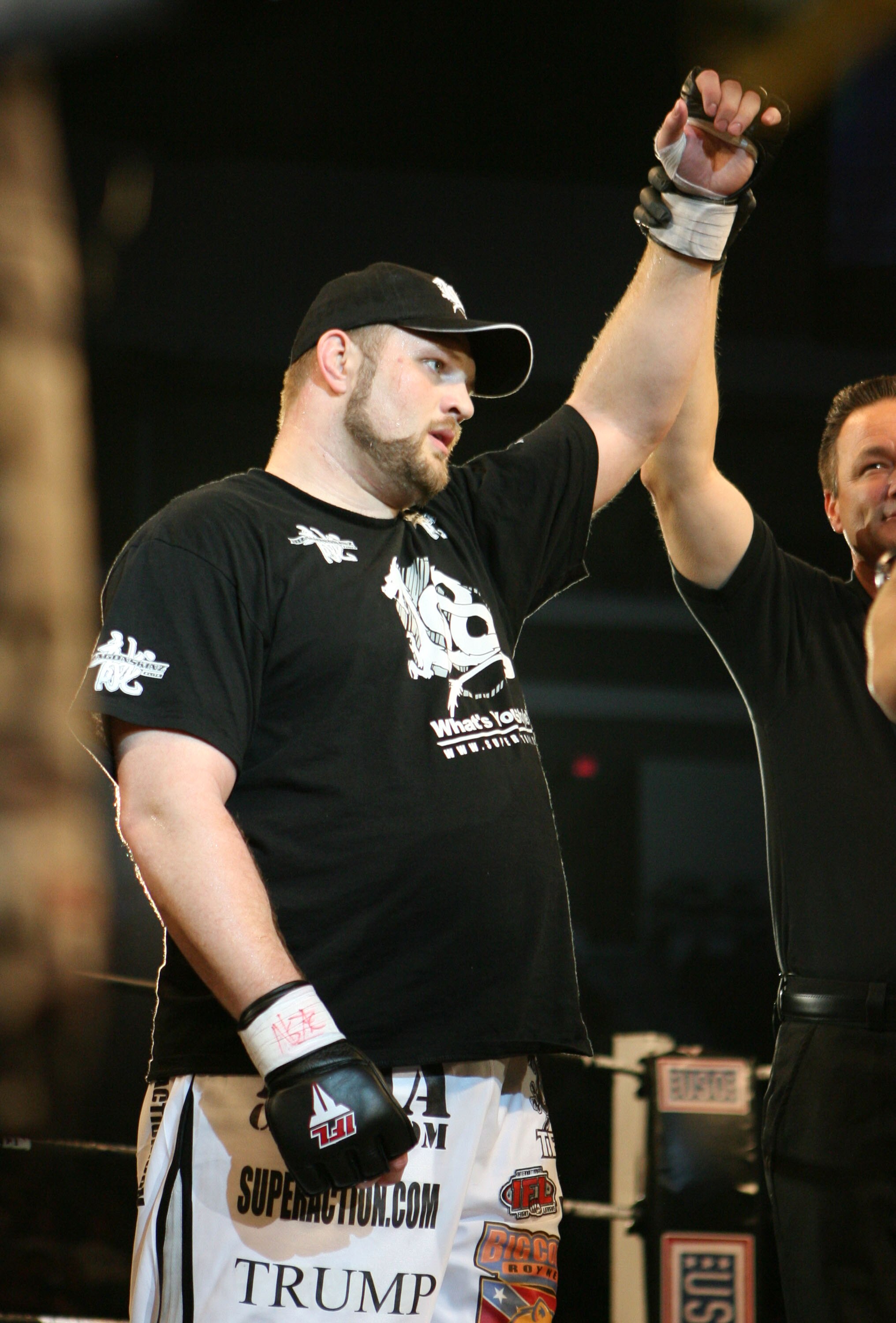 LAS VEGAS - FEBRUARY 29:  Roy Nelson white trunks of Lion's Den celebrates his victory over Fabiano Scherner red trunks of Team Quest during their Heavyweight title bout at The Orleans Arena on February 29, 2008 in Las Vegas, Nevada.  (Photo by Ethan Mill