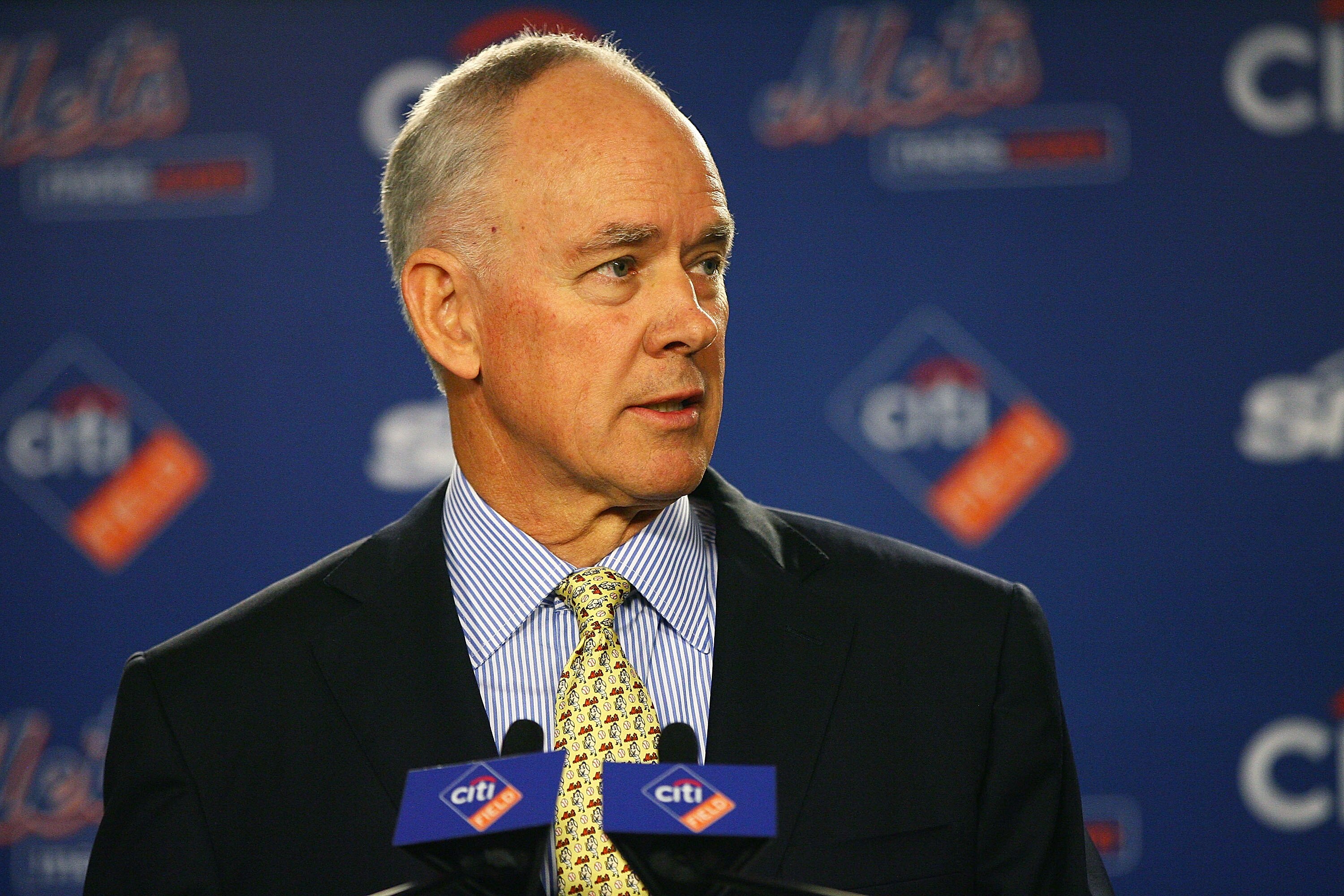 NEW YORK - OCTOBER 29:  Sandy Alderson answers questions during a press conference after being introduced as the general manager for the New York Mets on October 29, 2010 at Citi Field in the Flushing neighborhood of the Queens borough of New York City.