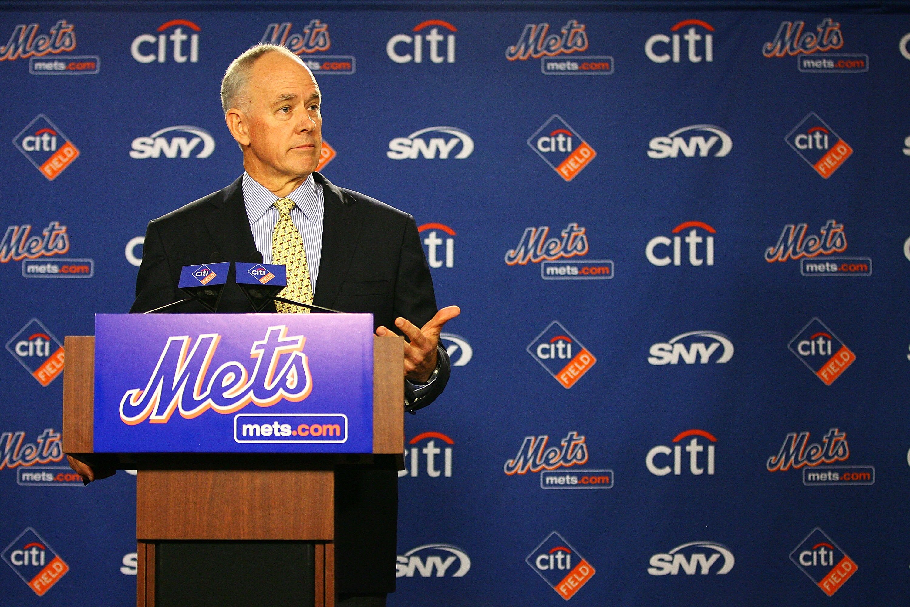 NEW YORK - OCTOBER 29:  Sandy Alderson answers questions during a press conference after being introduced as the general manager for the New York Mets on October 29, 2010 at Citi Field in the Flushing neighborhood of the Queens borough of New York City.  
