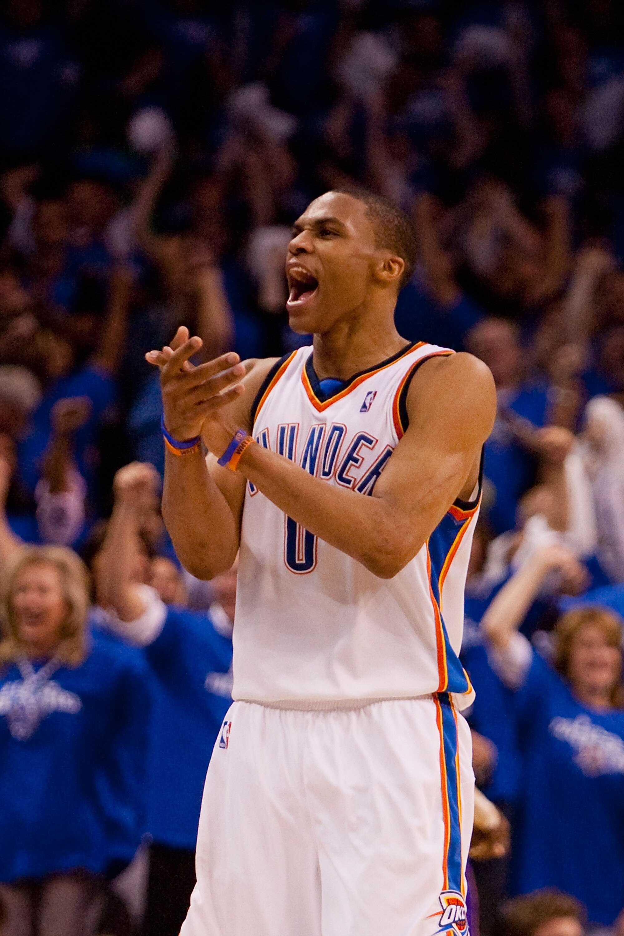 OKLAHOMA CITY - APRIL 22: Russell Westbrook #0 of the Oklahoma City Thunder celebrates a victory over the Los Angeles Lakers during Game Three of the Western Conference Quarterfinals of the 2010 NBA Playoffs on April 22, 2010 at the Ford Center in Oklahom