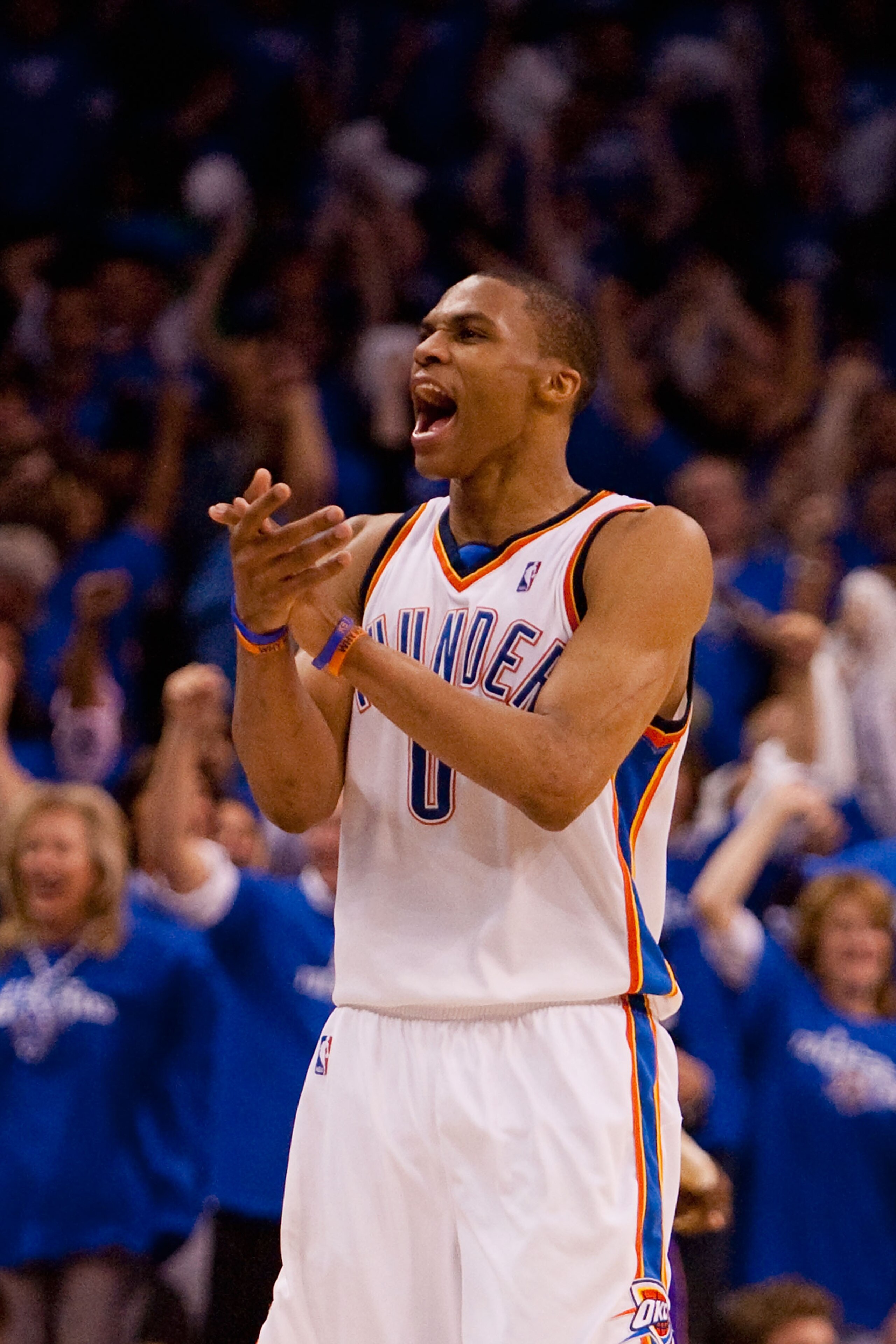 OKLAHOMA CITY - APRIL 22: Russell Westbrook #0 of the Oklahoma City Thunder celebrates a victory over the Los Angeles Lakers during Game Three of the Western Conference Quarterfinals of the 2010 NBA Playoffs on April 22, 2010 at the Ford Center in Oklahom