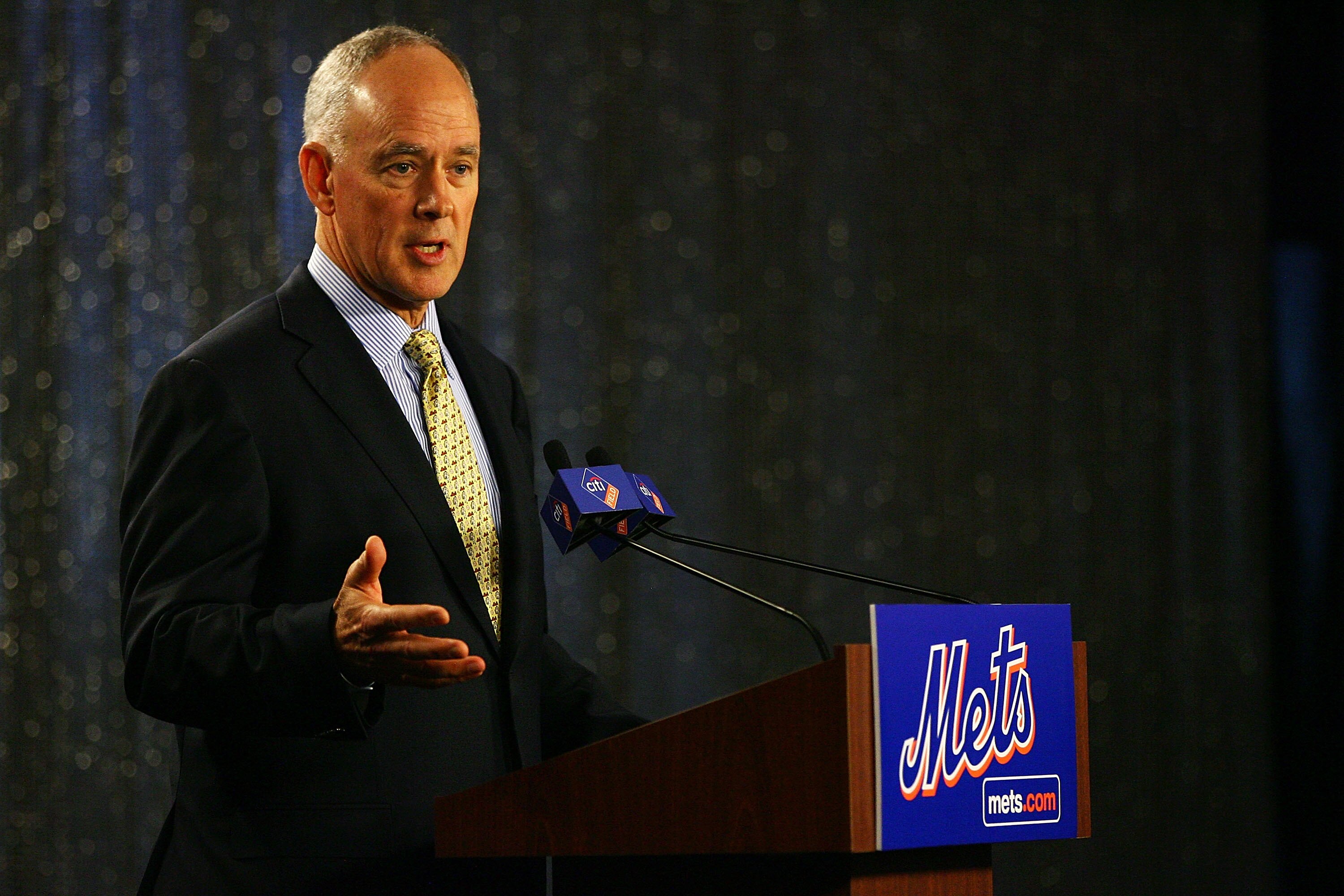 NEW YORK - OCTOBER 29:  Sandy Alderson answers questions during a press conference after being introduced as the general manager for the New York Mets on October 29, 2010 at Citi Field in the Flushing neighborhood of the Queens borough of New York City.