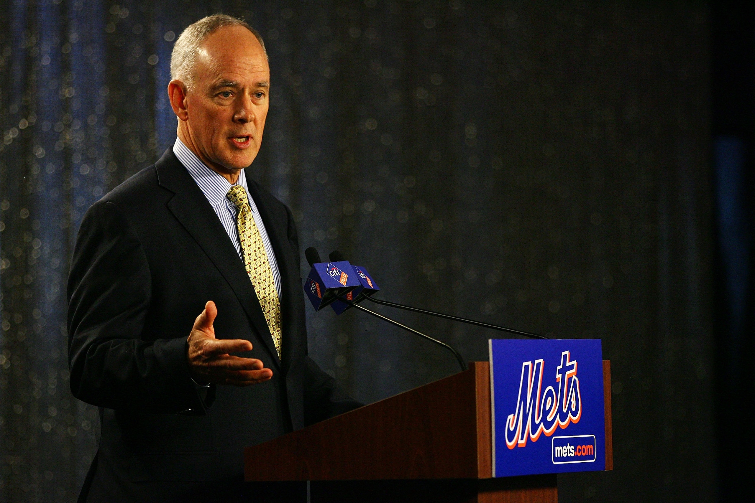 NEW YORK - OCTOBER 29:  Sandy Alderson answers questions during a press conference after being introduced as the general manager for the New York Mets on October 29, 2010 at Citi Field in the Flushing neighborhood of the Queens borough of New York City.