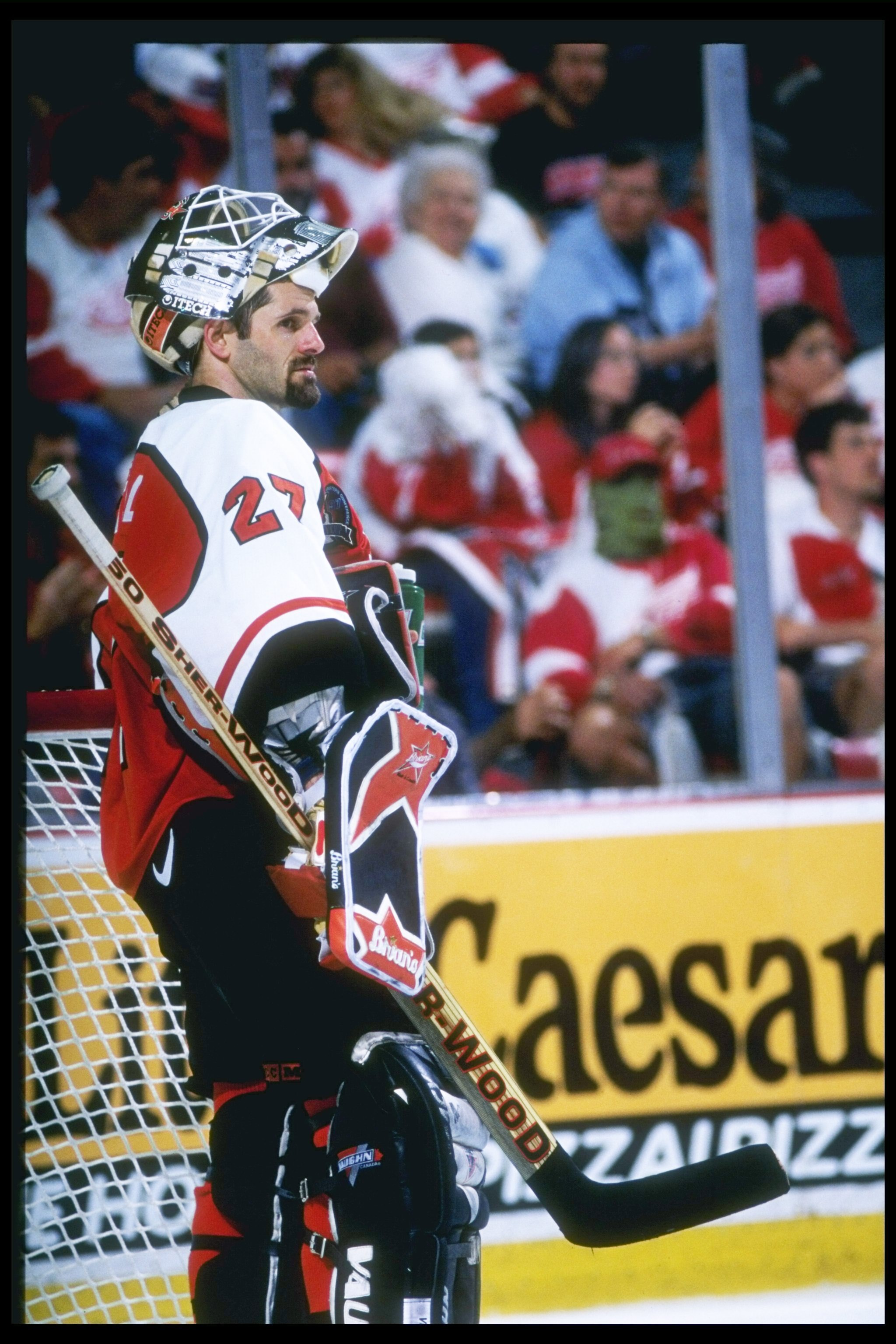 7 Jun 1997:  Philadelphia Flyers goalie Ron Hextall stands on the ice during the Stanley Cup Finals at Joe Louis Arena in Detroit, Michigan.  The Red Wings on the game 2-1. Mandatory Credit: Rick Stewart  /Allsport