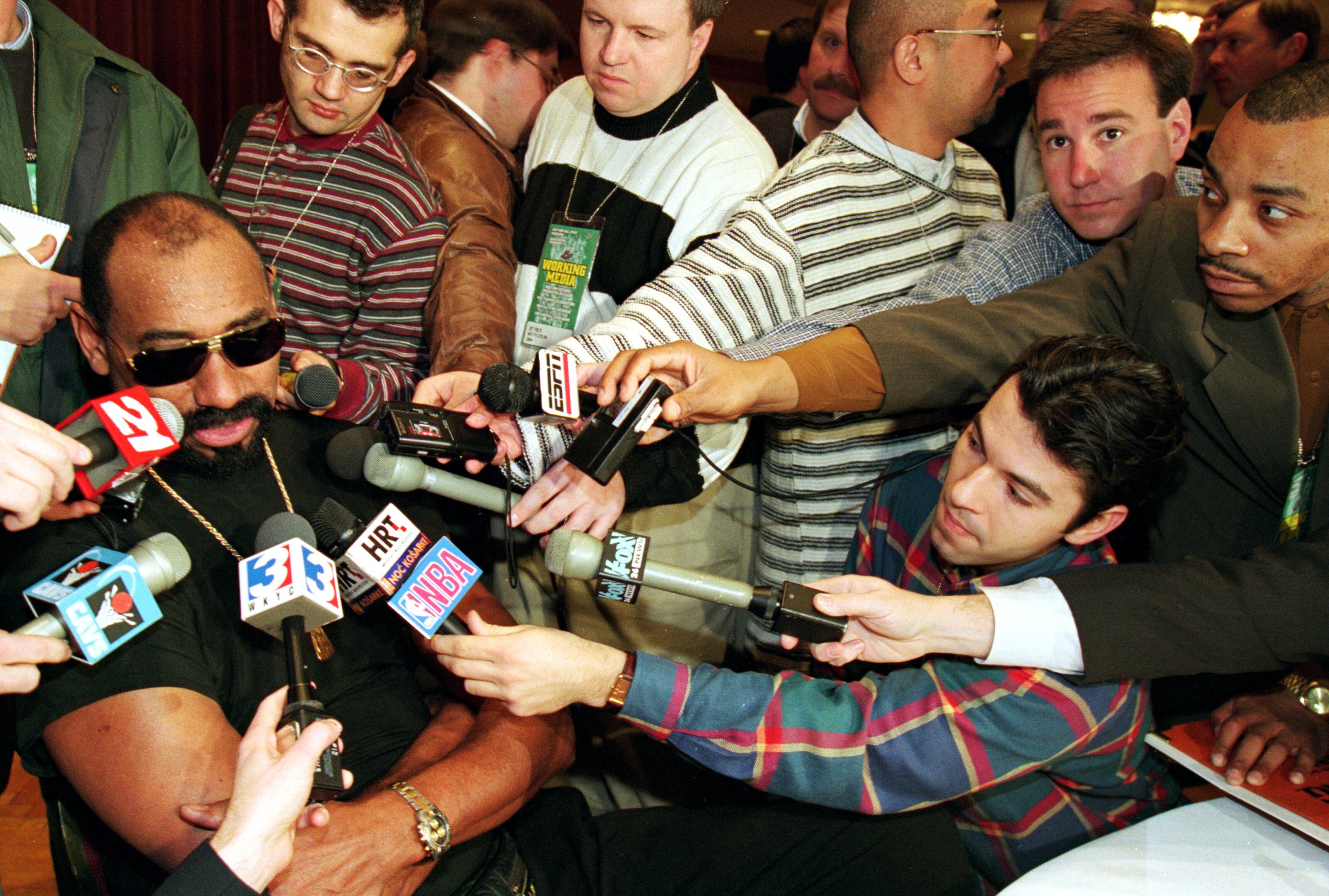 7 Feb 1997:  Former Los Angeles Laker Wilt Chamberlain addresses the media at a press conference before the NBA All-Star Game at the Renaissance Hotel in Cleveland, Ohio. Mandatory Credit: Brian Bahr  /Allsport