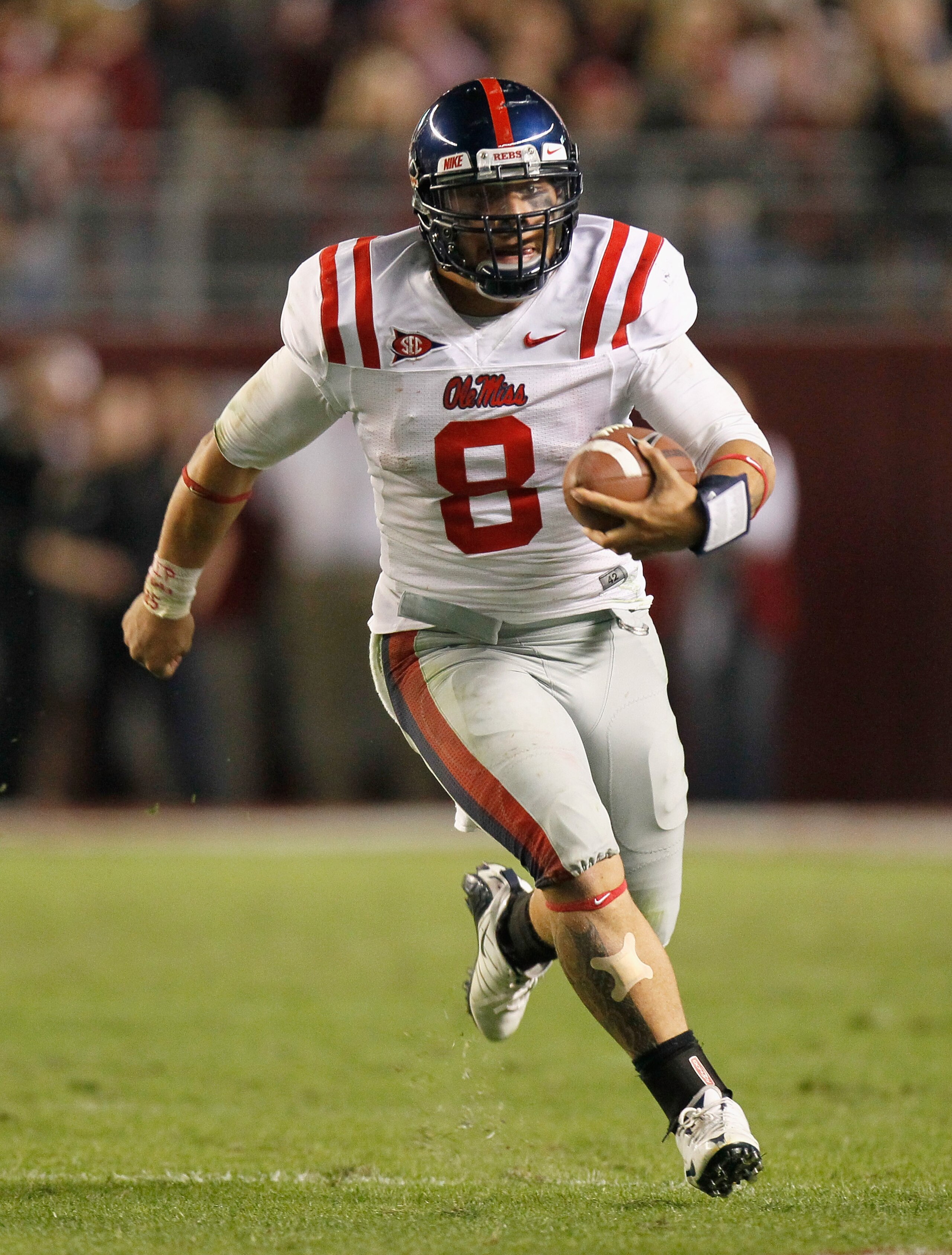 TUSCALOOSA, AL - OCTOBER 16:  Quarterback Jeremiah Masoli #8 of the Ole Miss Rebels against the Alabama Crimson Tide at Bryant-Denny Stadium on October 16, 2010 in Tuscaloosa, Alabama.  (Photo by Kevin C. Cox/Getty Images)