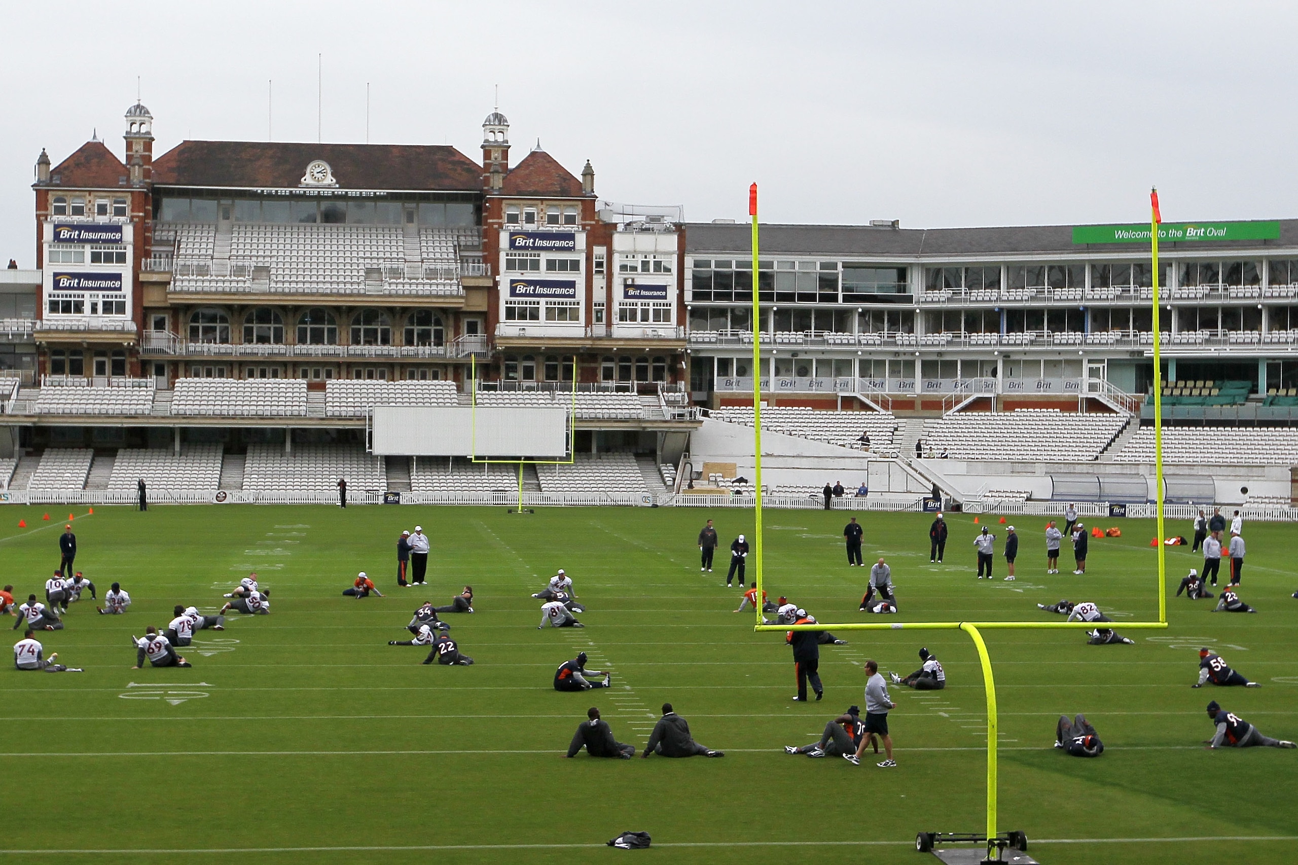 LONDON, ENGLAND - OCTOBER 29:  Players from the Denver Broncos warm up during a team training session at The Brit Oval on October 29, 2010 in London, England. The Denver Broncos will play the San Francisco 49ers at Wembley Stadium on October 31.  (Photo b