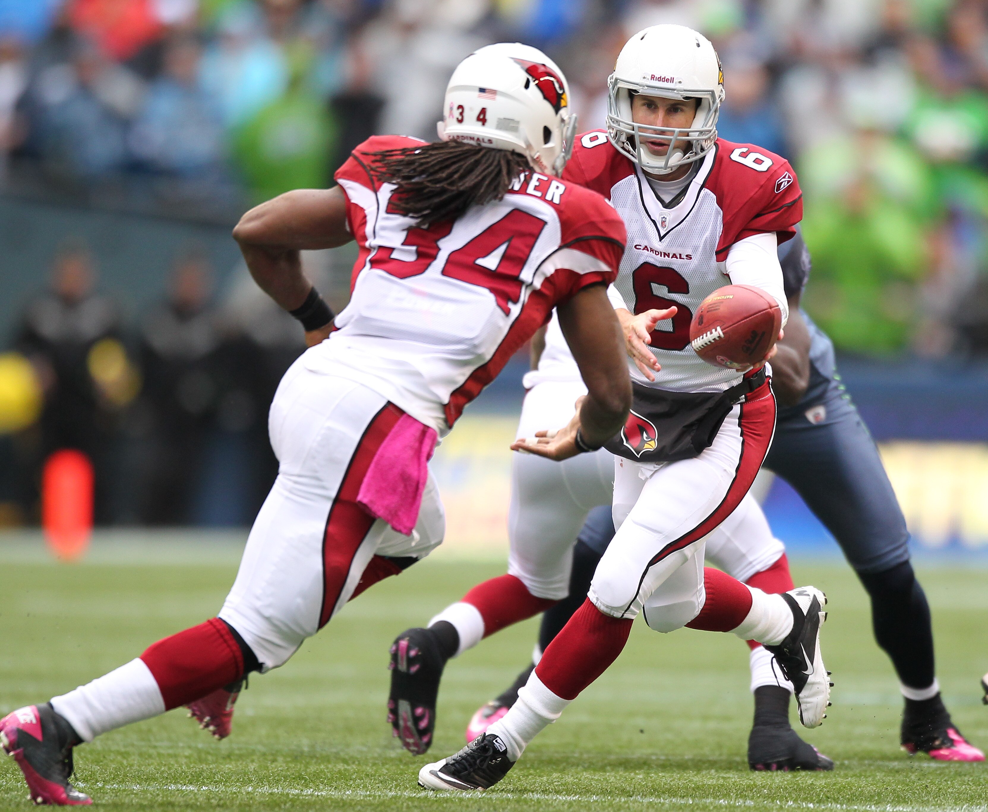 SEATTLE - OCTOBER 24:  Quarterback Max Hall #6 of the Arizona Cardinals readies to hand off to Tim Hightower #34 during the game against the Seattle Seahawks at Qwest Field on October 24, 2010 in Seattle, Washington. (Photo by Otto Greule Jr/Getty Images)