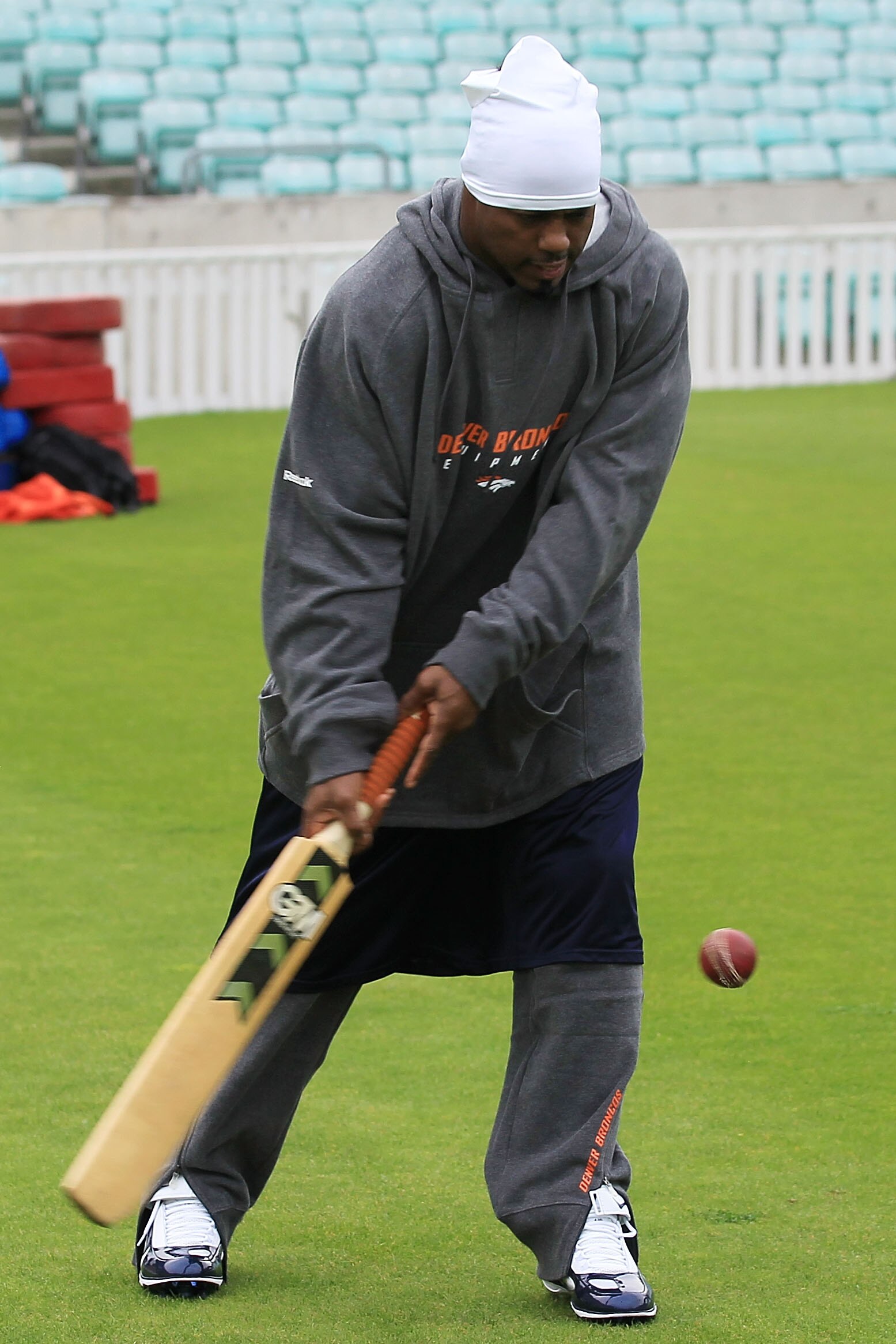 LONDON, ENGLAND - OCTOBER 29: Brian Dawkins of the Denver Broncos plays cricket prior to the start of  a team training session at The Brit Oval on October 29, 2010 in London, England. The Denver Broncos will play the San Francisco 49ers at Wembley Stadium
