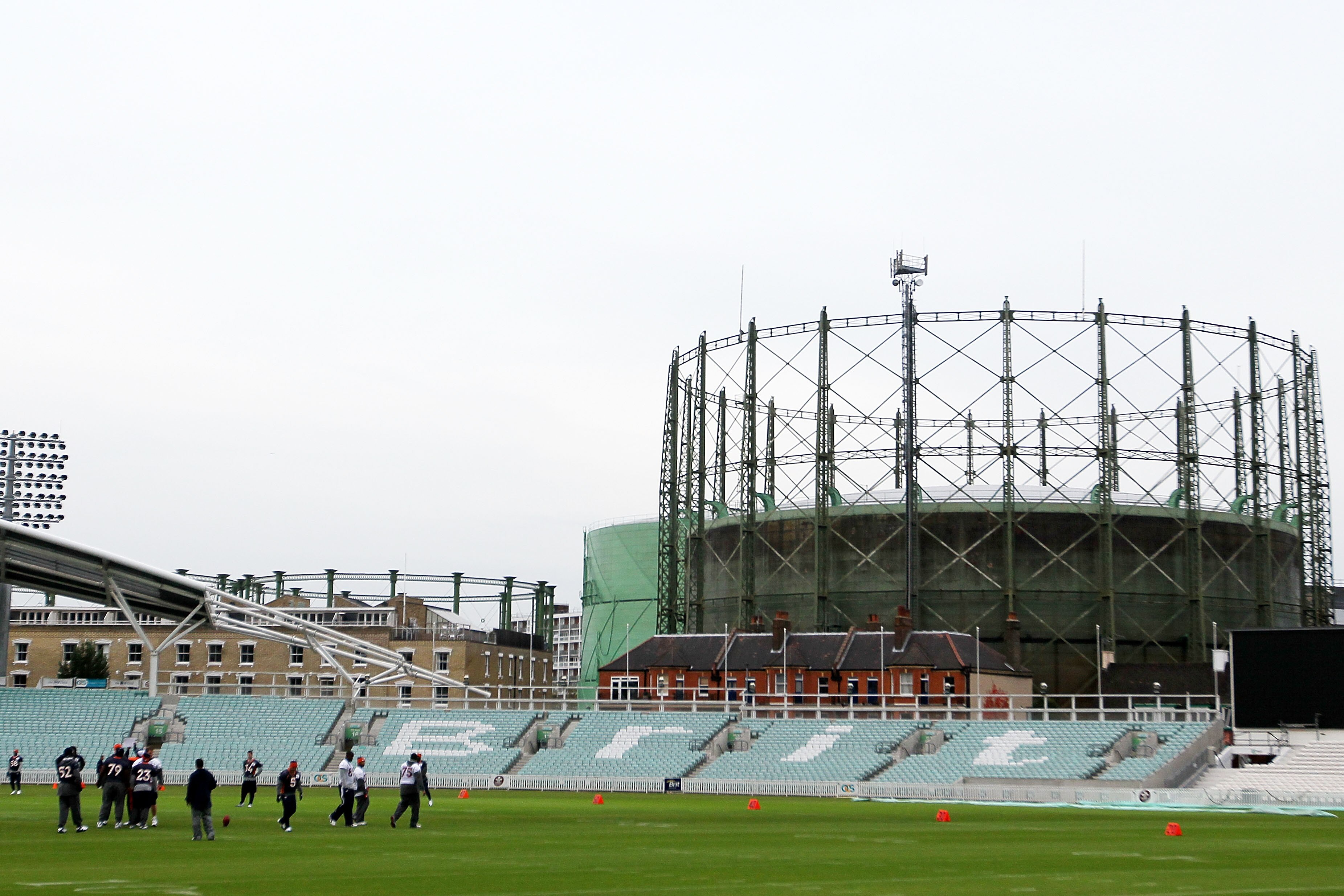 LONDON, ENGLAND - OCTOBER 29:  Players from the Denver Broncos warm up during a team training session at The Brit Oval on October 29, 2010 in London, England. The Denver Broncos will play the San Francisco 49ers at Wembley Stadium on October 31.  (Photo b