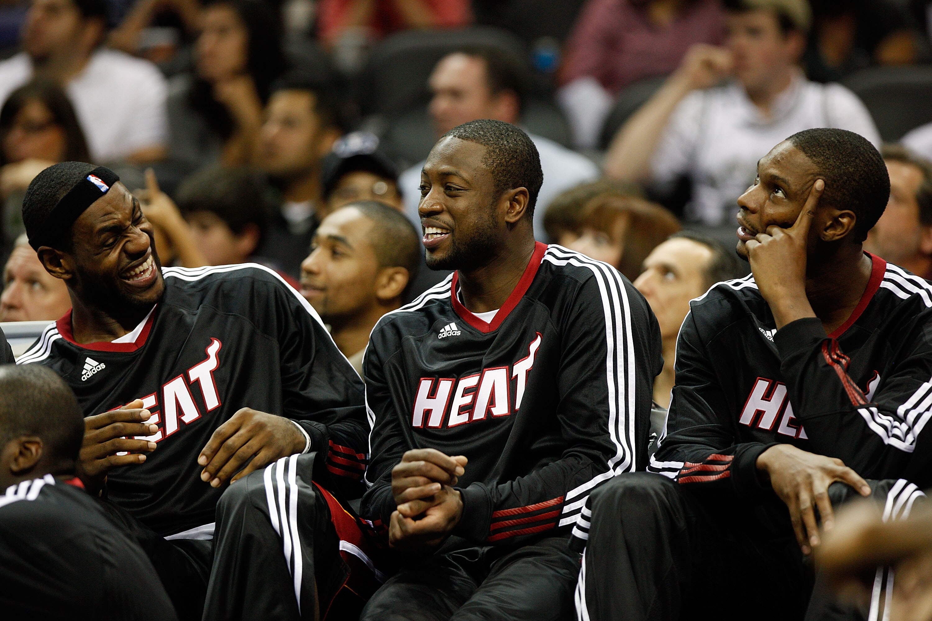 SAN ANTONIO - OCTOBER 09:  LeBron James #6, Dwayne Wade #3, and Chris Bosh #1 of the Miami Heat sit on the bench during the game against the San Antonio Spurs at the AT&T Center on October 9, 2010 in San Antonio, Texas.  NOTE TO USER: User expressly ackno